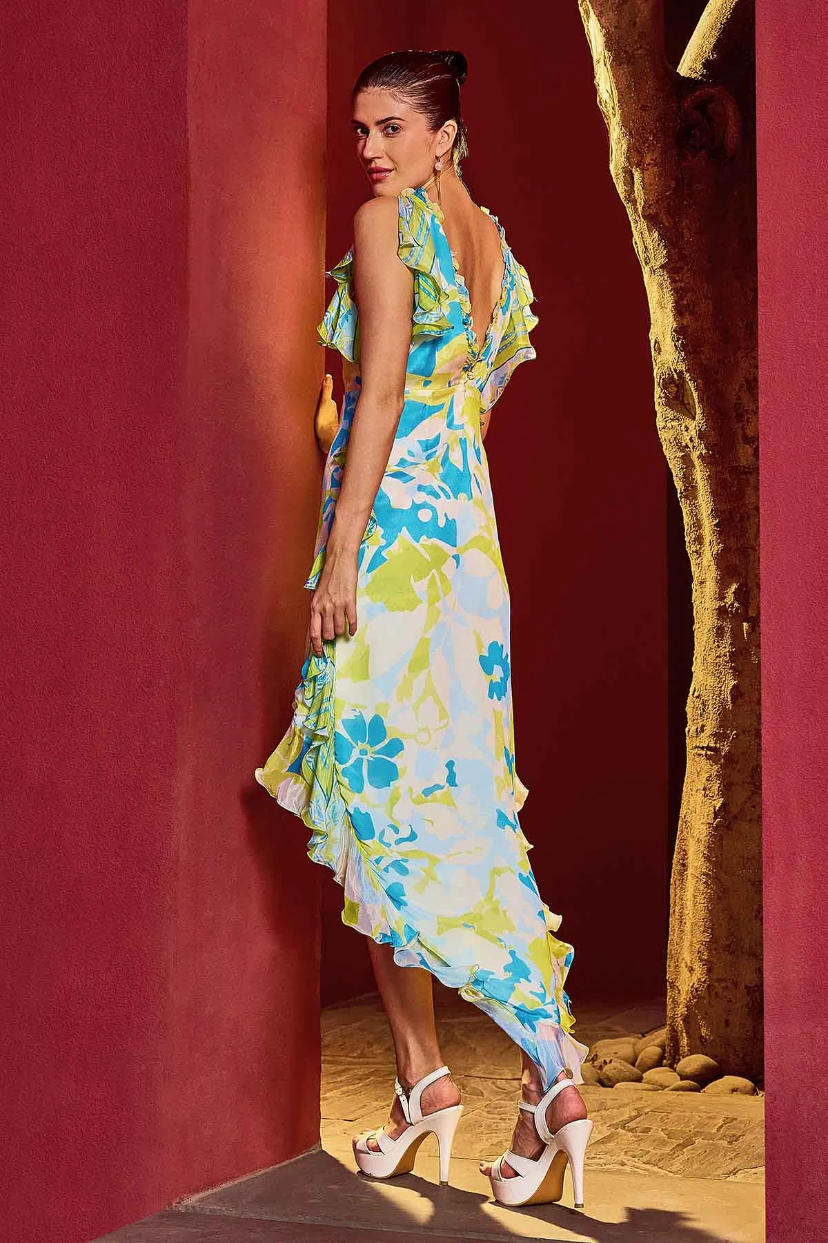 Multicolor High-Low Ruffle Dress