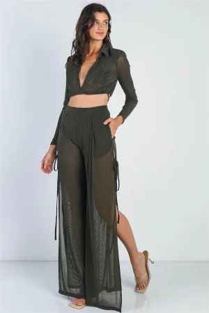 Olive Lurex Shoulder Pad Long Sleeve Collared Top & High Waist Side Slits Self-Tie Detail Pants Set /2-2-2