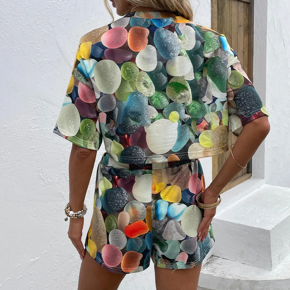 Pebble Printed Round Neck Dropped Shoulder Half Sleeve Top and Shorts Set