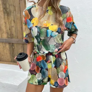 Pebble Printed Round Neck Dropped Shoulder Half Sleeve Top and Shorts Set