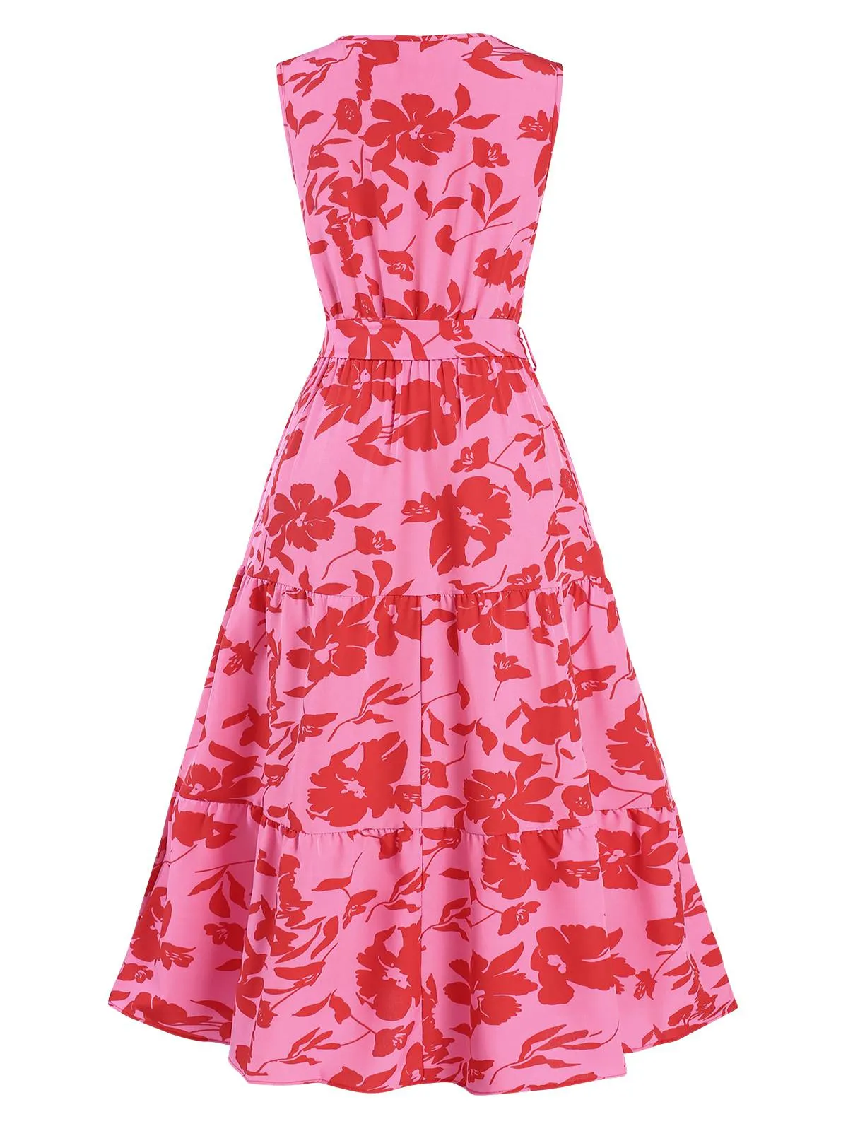 Pink 1940s Floral Wrap Belted Dress