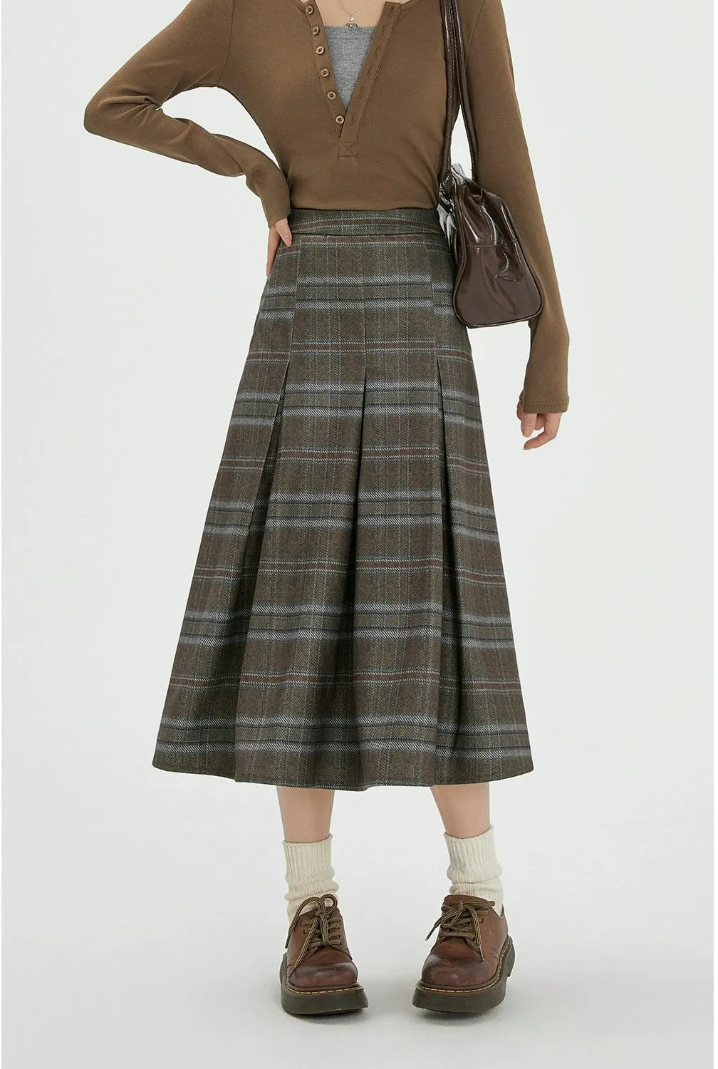 Plaid Pleated Midi Skirt with Pockets