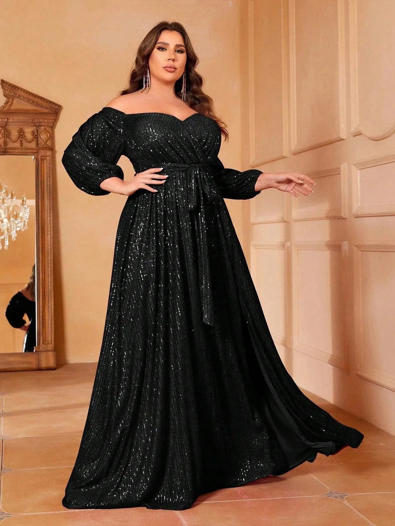 Plus Off Shoulder Lantern Sleeves Belted Dress