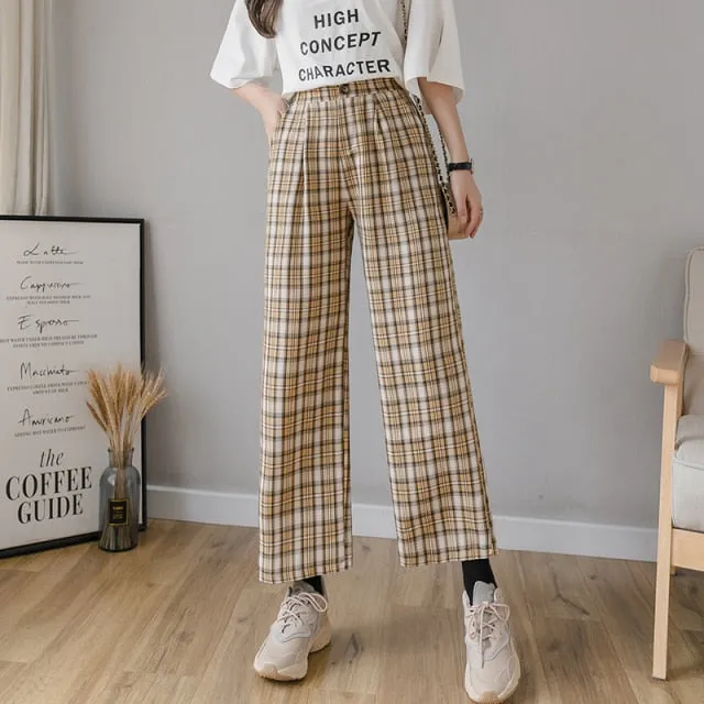 Plus Size Casual Loose Wide Leg Pant | Ladies Casual Pants | Plaid Straight Pants | Straight Wide Leg Trousers | Street Style Pant Trousers