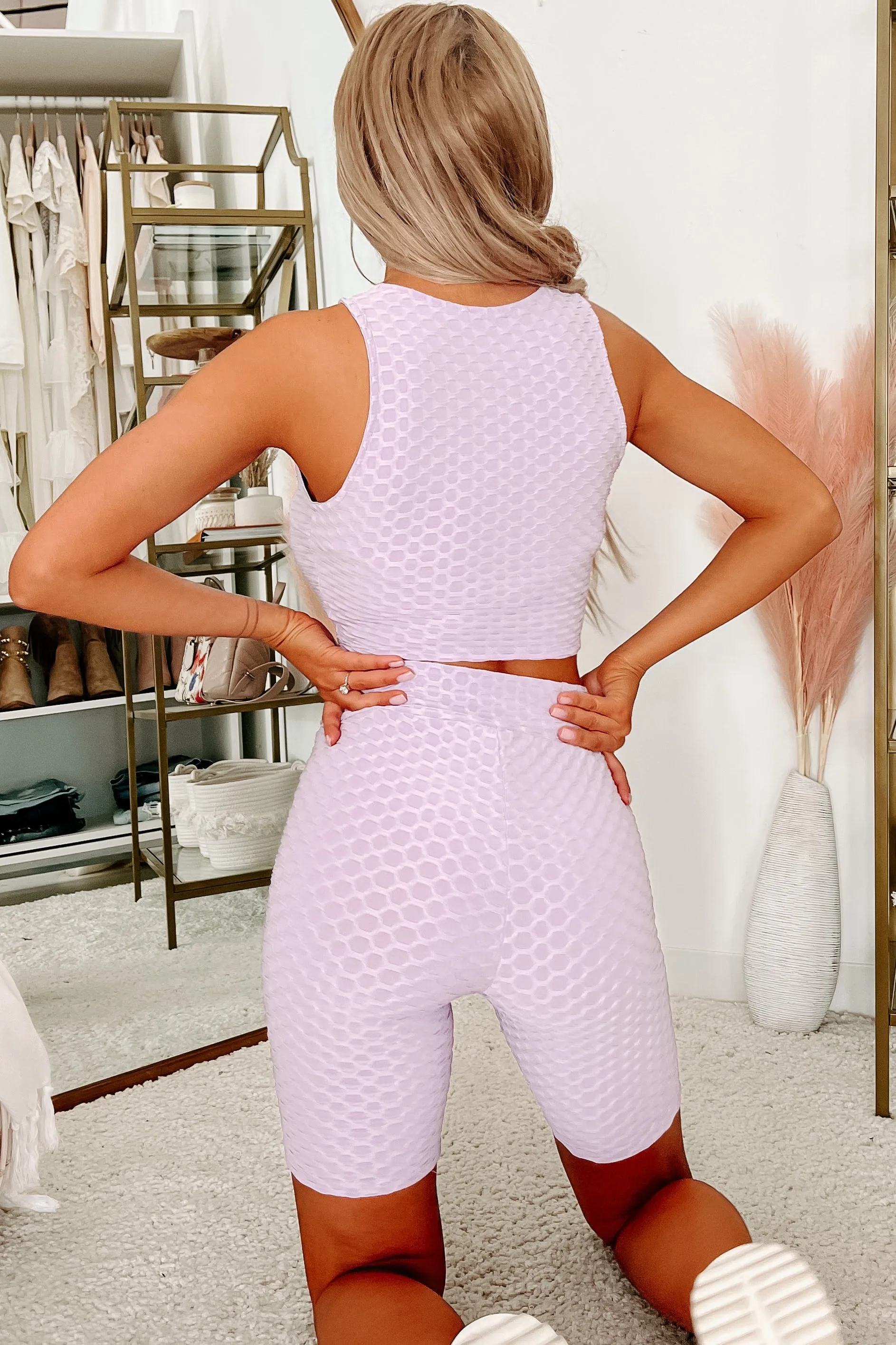 Putting In Work Honeycomb Textured Crop Top & Biker Shorts Set (Lavender)