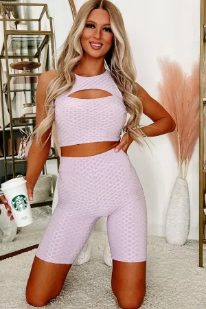 Putting In Work Honeycomb Textured Crop Top & Biker Shorts Set (Lavender)