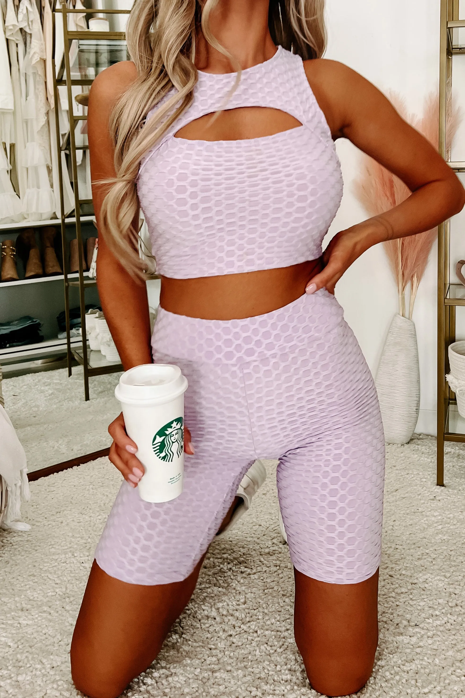 Putting In Work Honeycomb Textured Crop Top & Biker Shorts Set (Lavender)