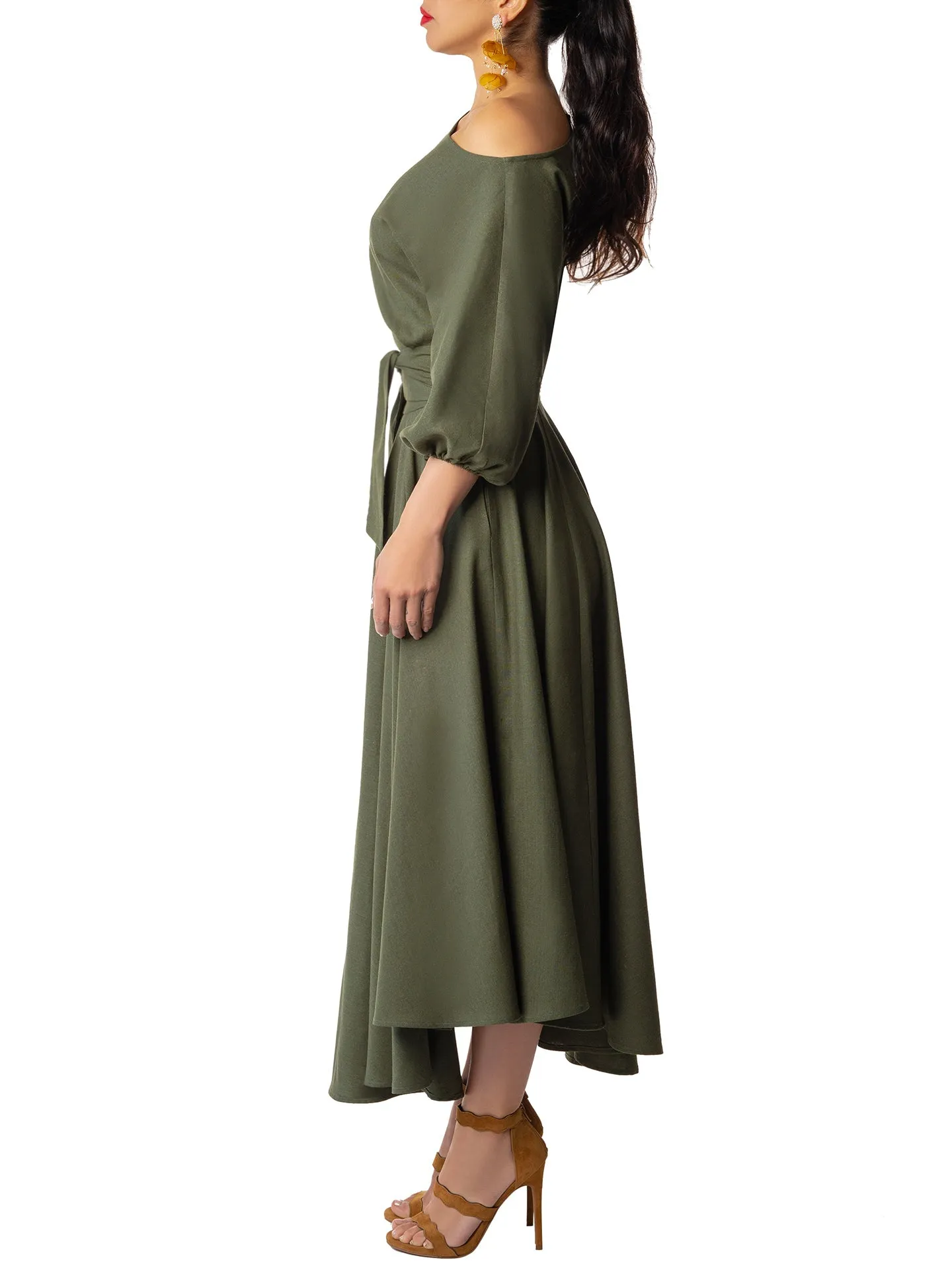 "Maple" Olive Off Shoulder Swing Dress