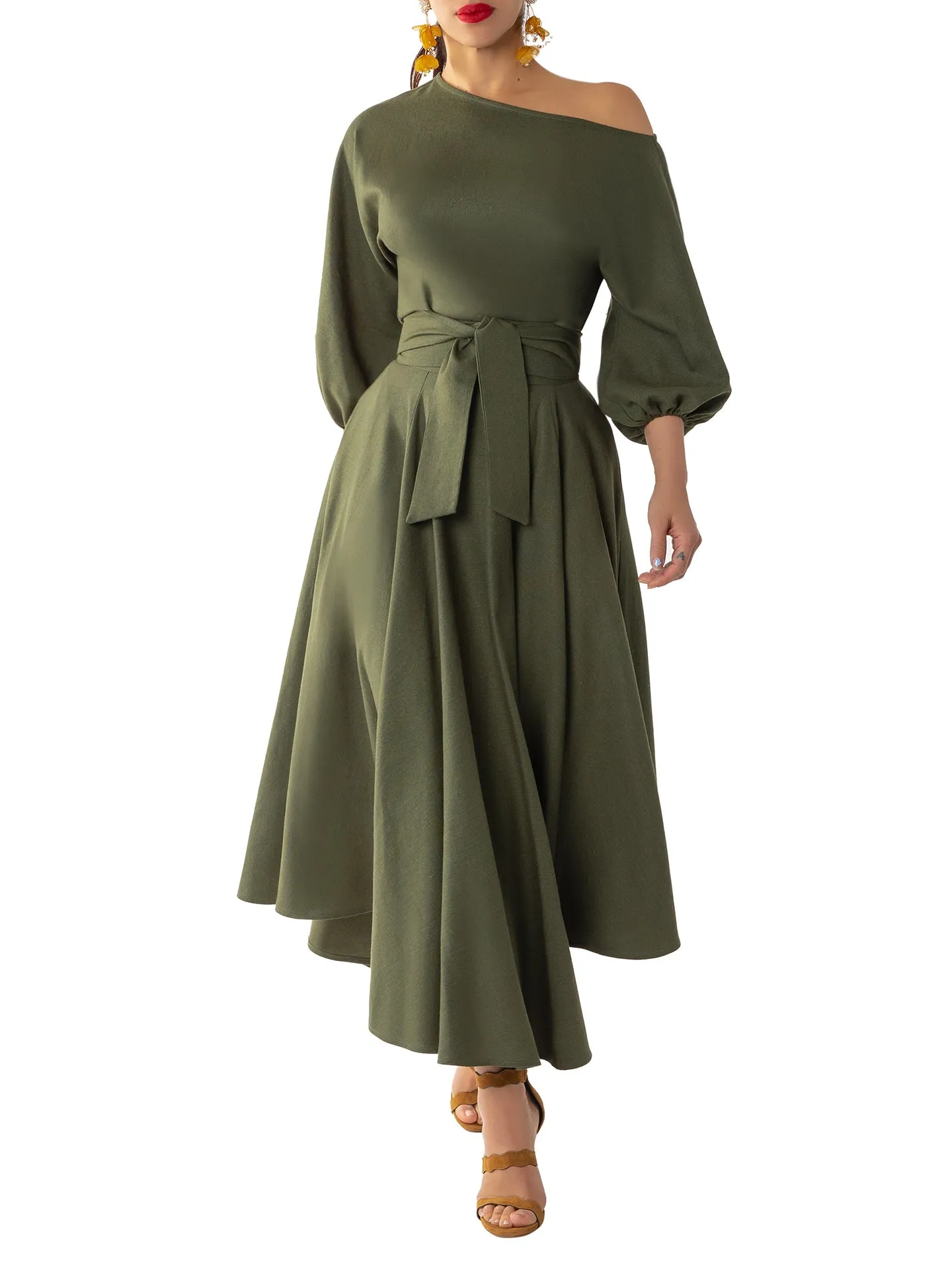 "Maple" Olive Off Shoulder Swing Dress