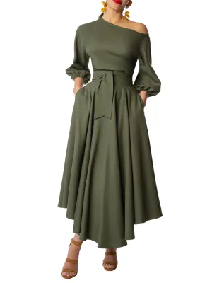 "Maple" Olive Off Shoulder Swing Dress