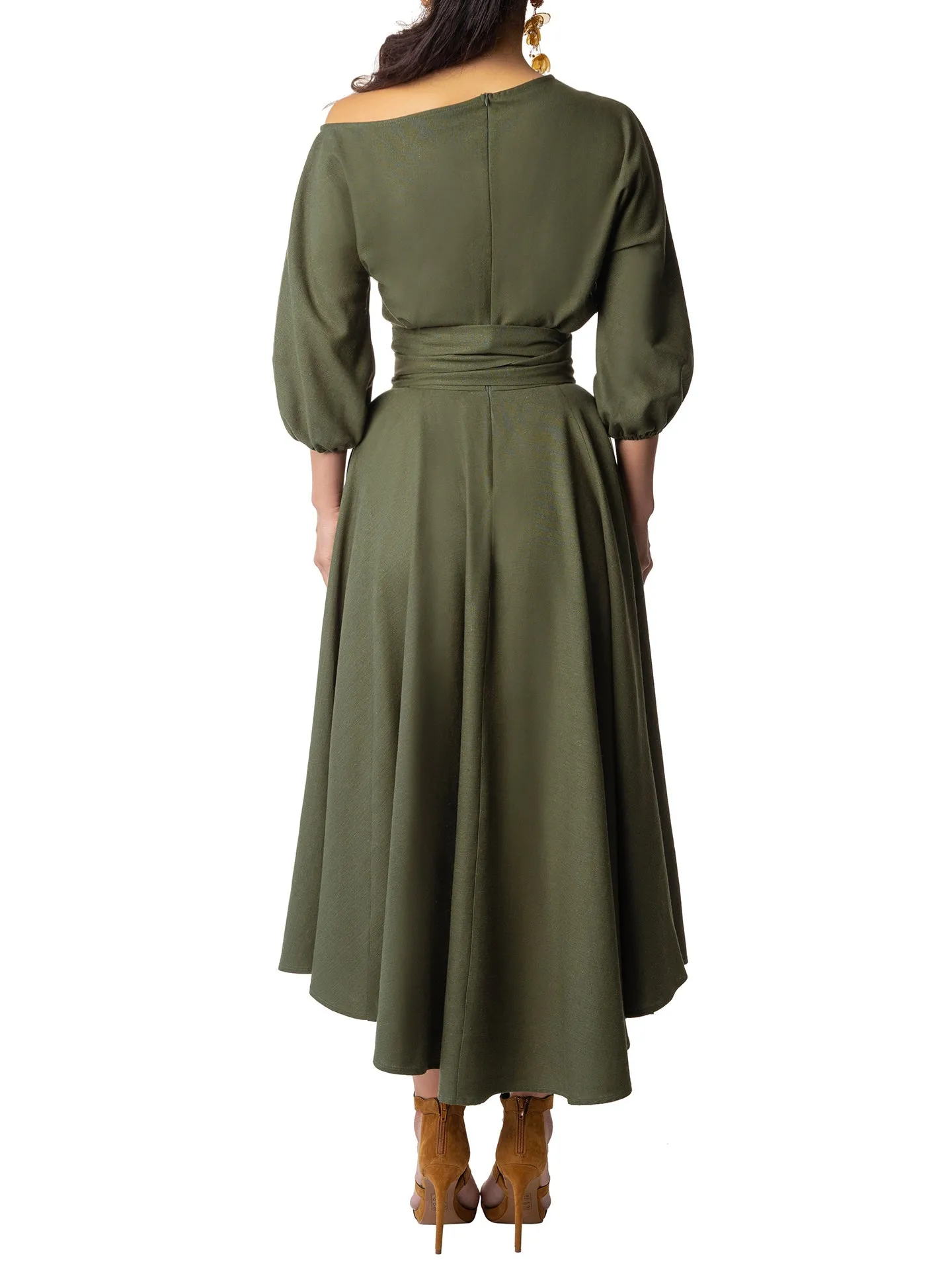 "Maple" Olive Off Shoulder Swing Dress