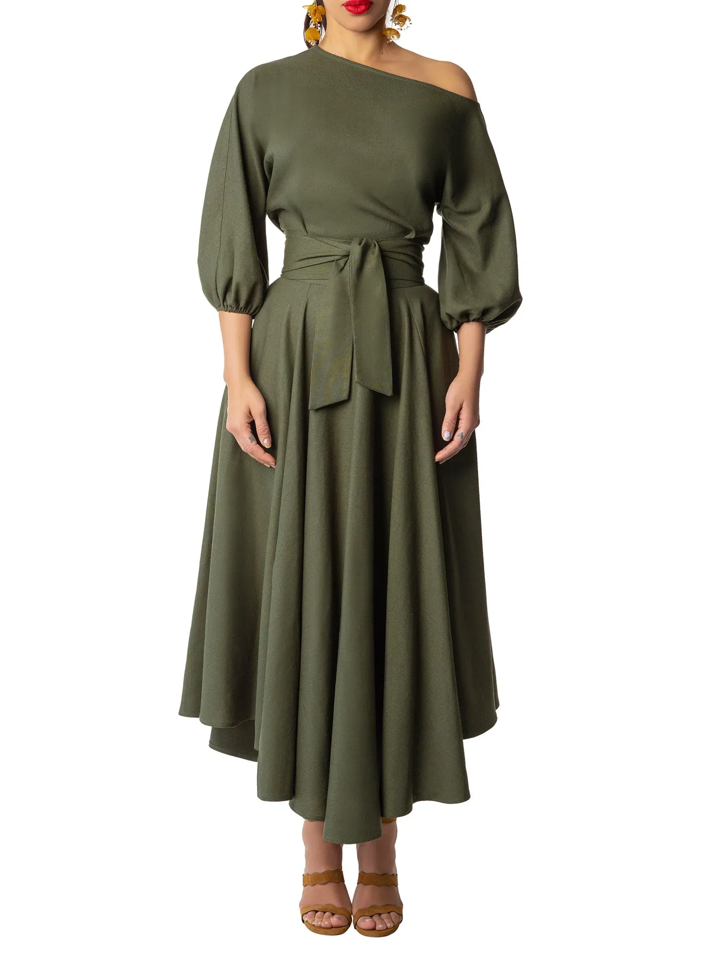 "Maple" Olive Off Shoulder Swing Dress