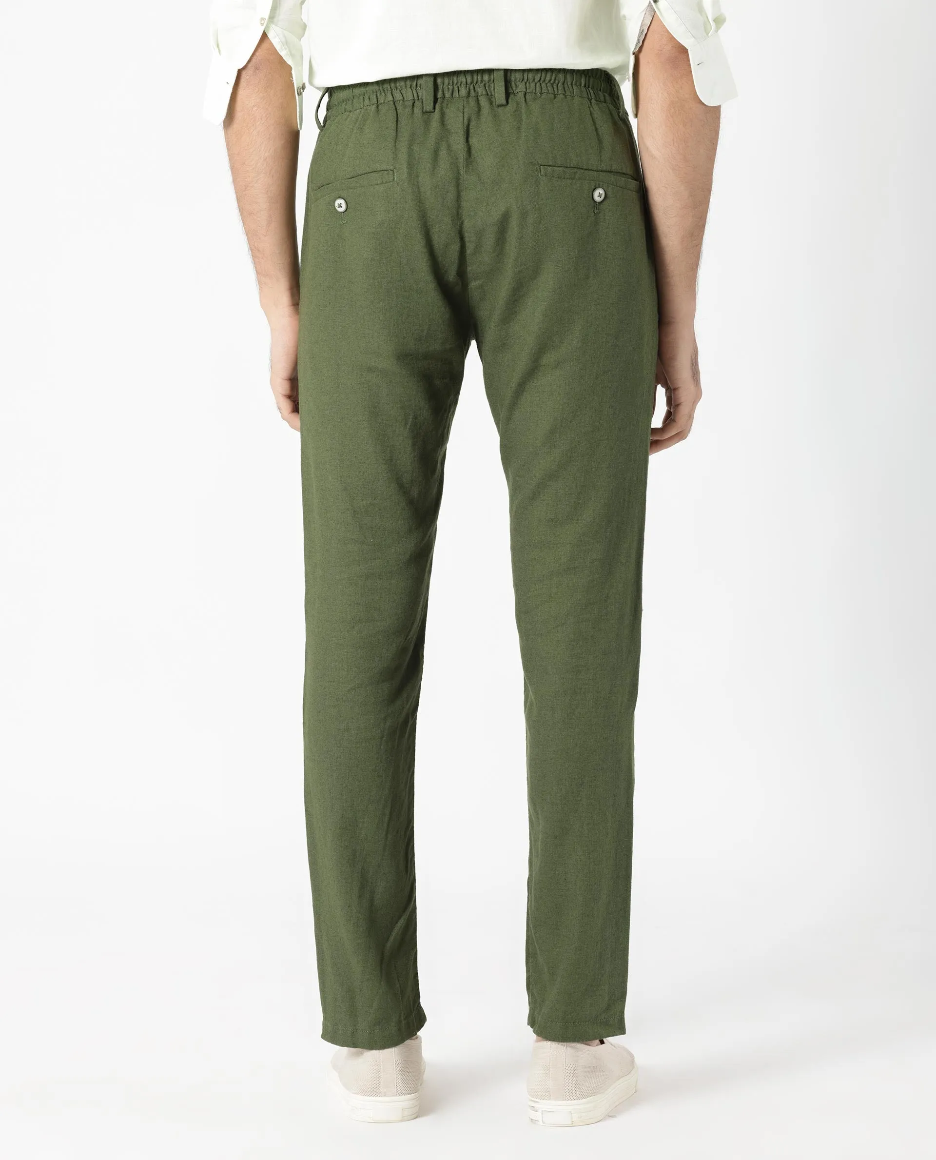 Rare Rabbit Men's Linac Olive Solid Drawstring With Elastic Waistband Regular Fit Linen Trouser