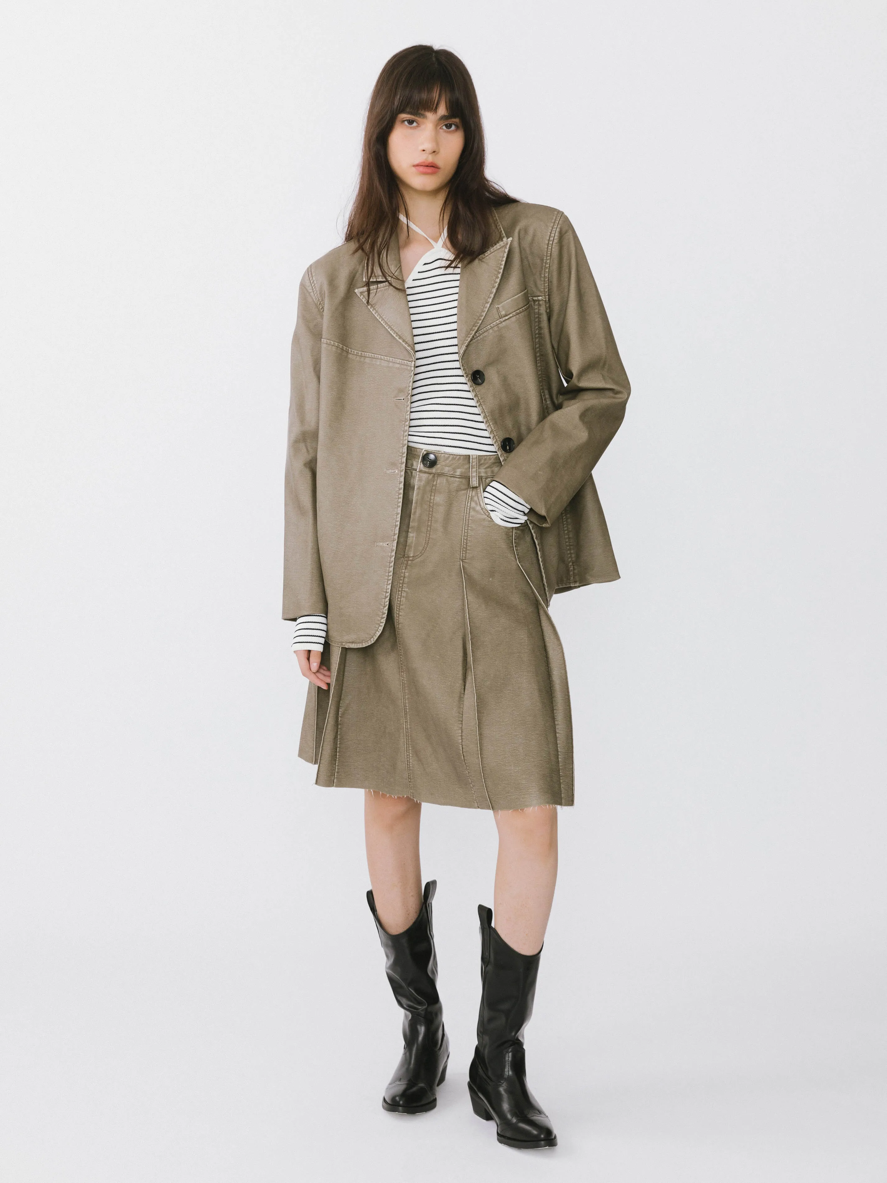 Raw Edge Pleated A-line Skirt