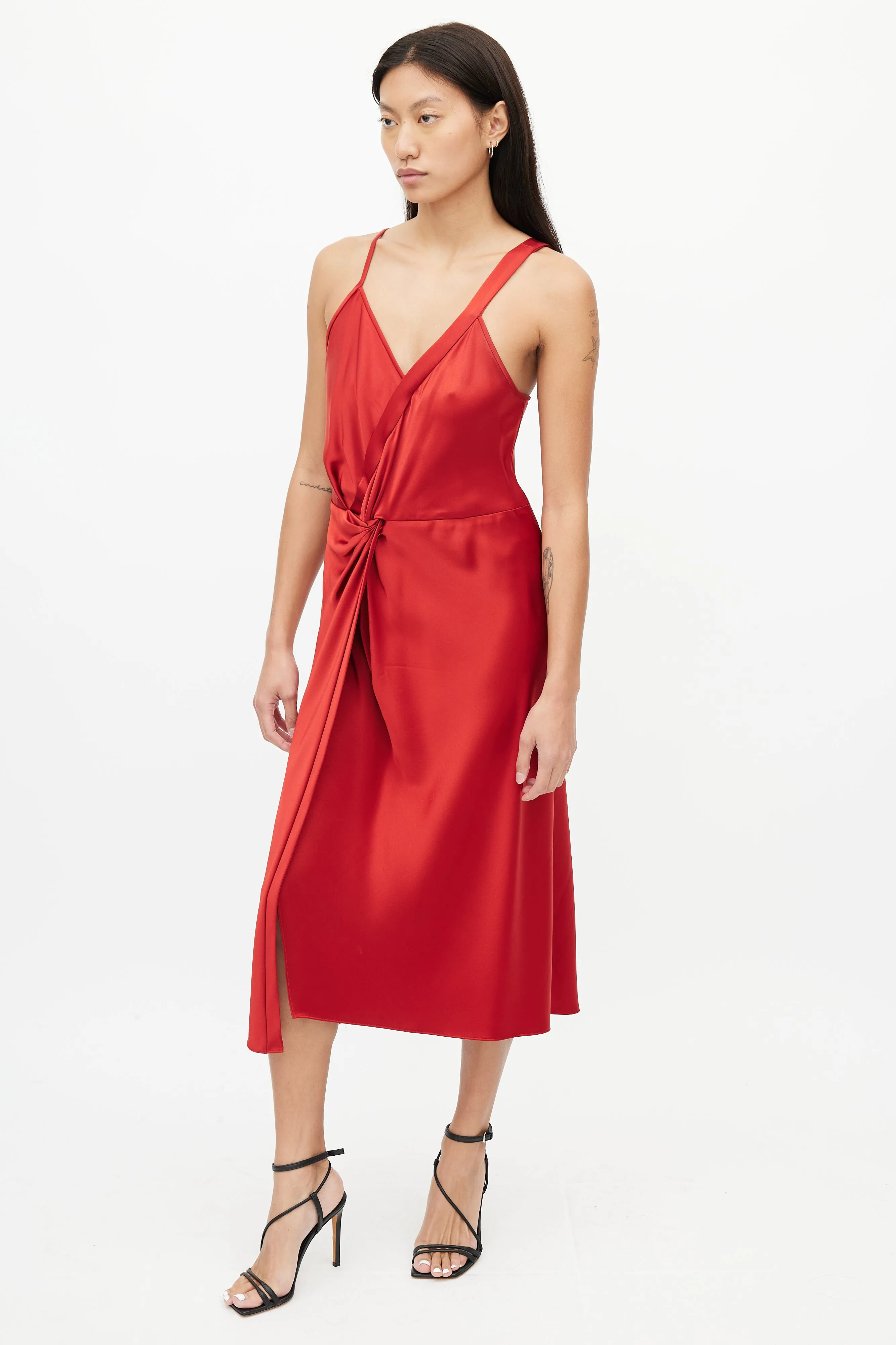 Red Satin Draped Dress