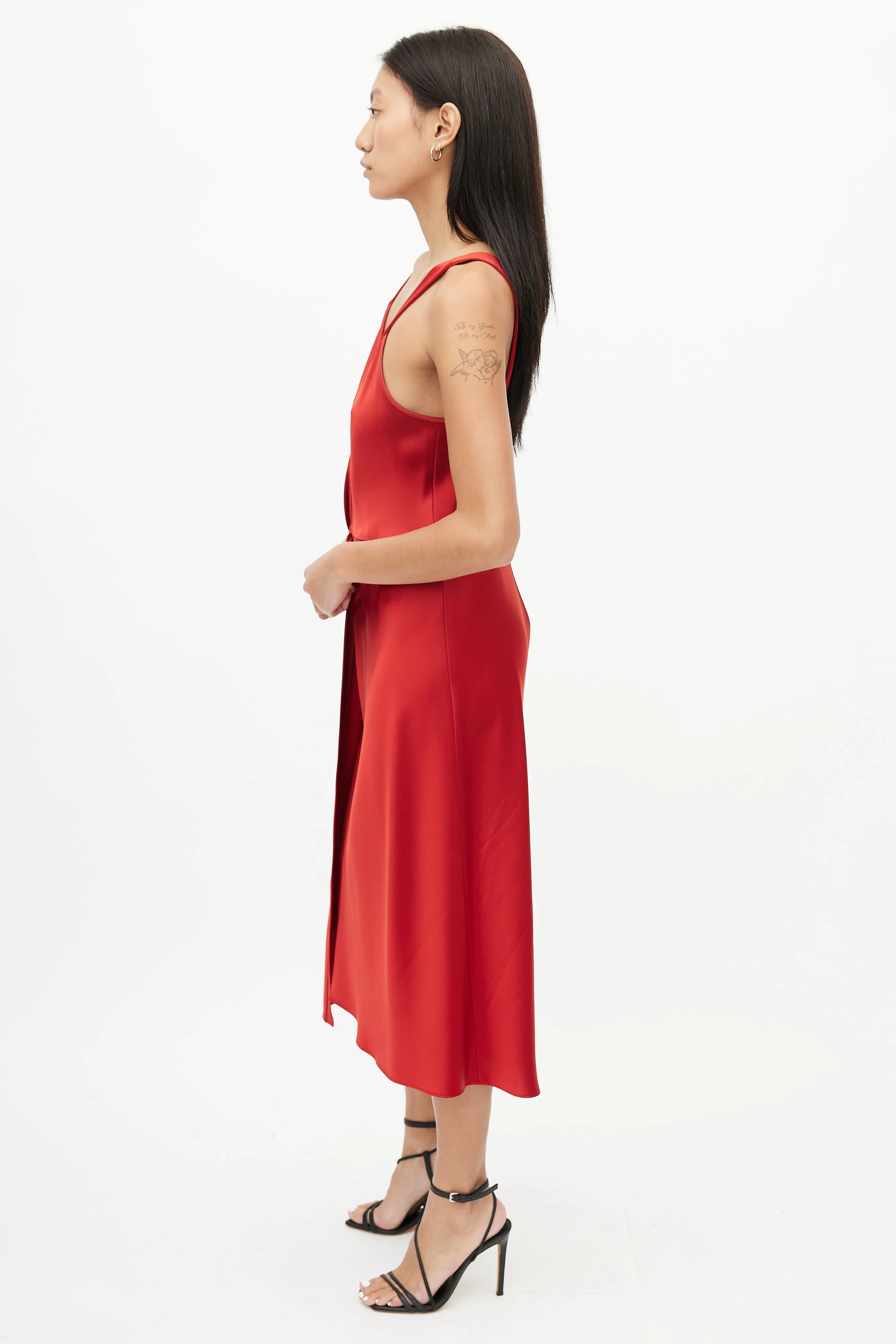 Red Satin Draped Dress