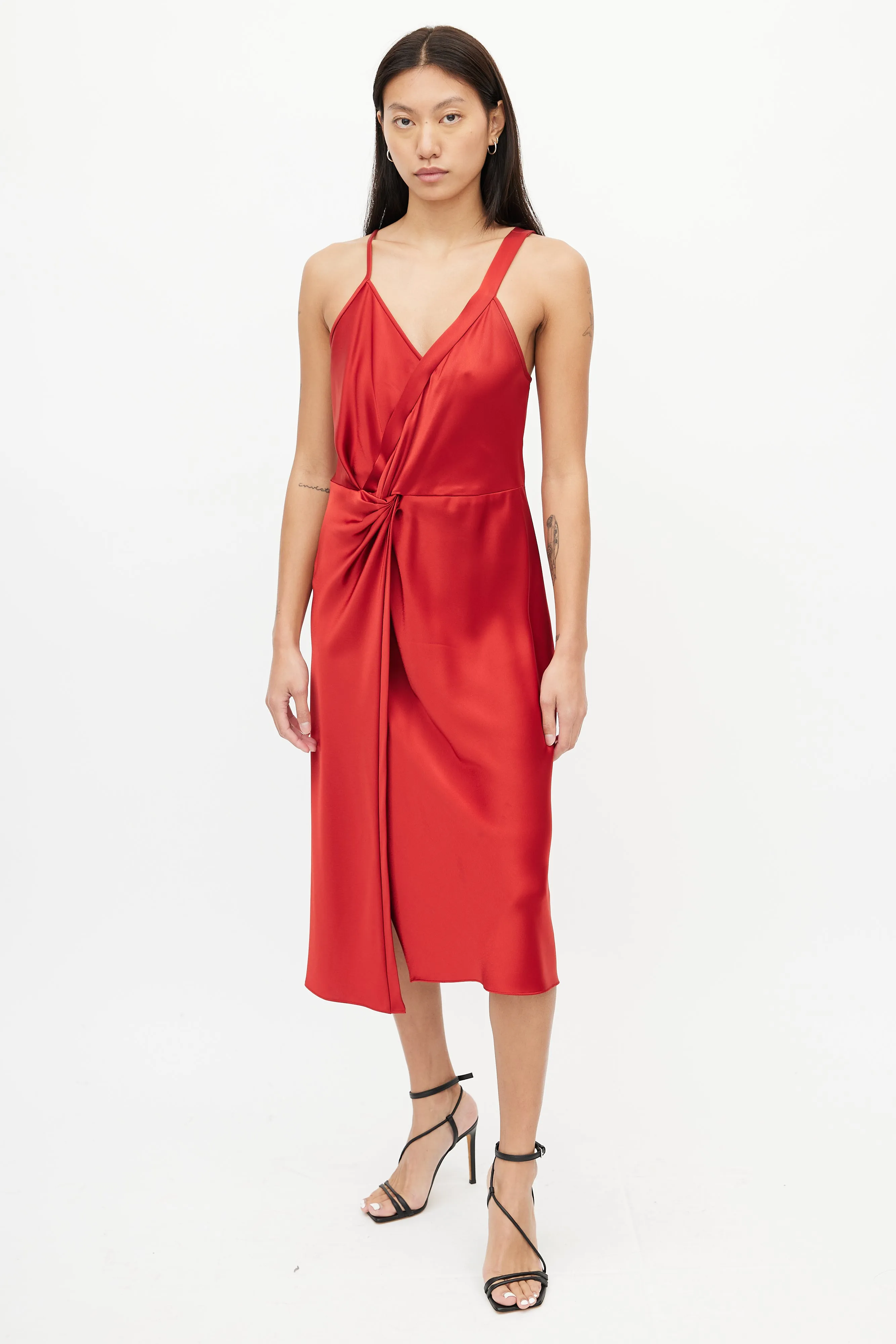 Red Satin Draped Dress