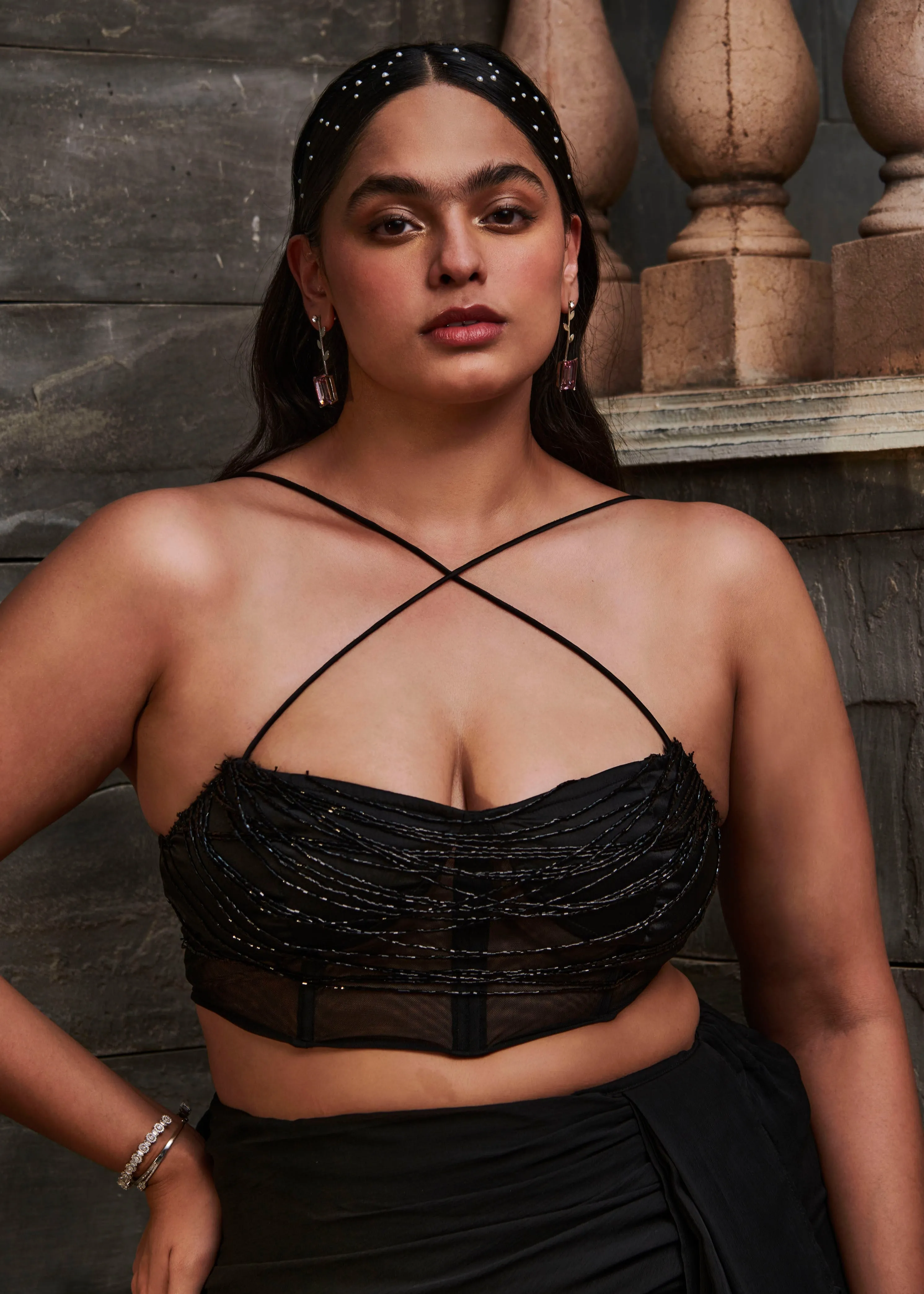 Renata Black Hand-Embroidered Corset Coord Set