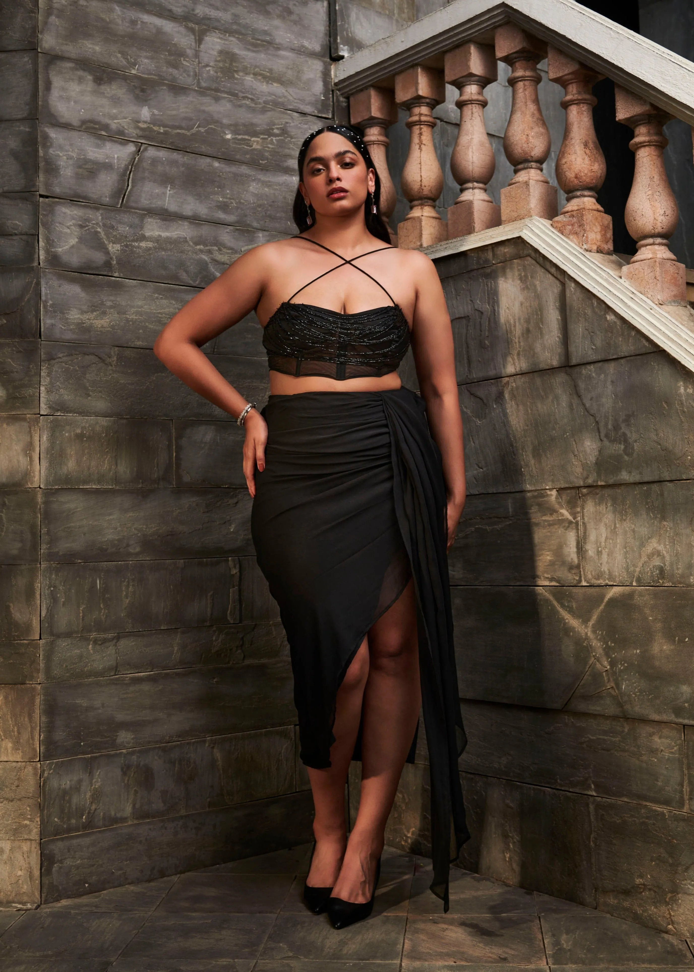 Renata Black Hand-Embroidered Corset Coord Set