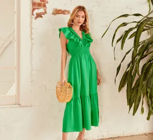 Ruffled Maxi Dress With Shirred Details In Green