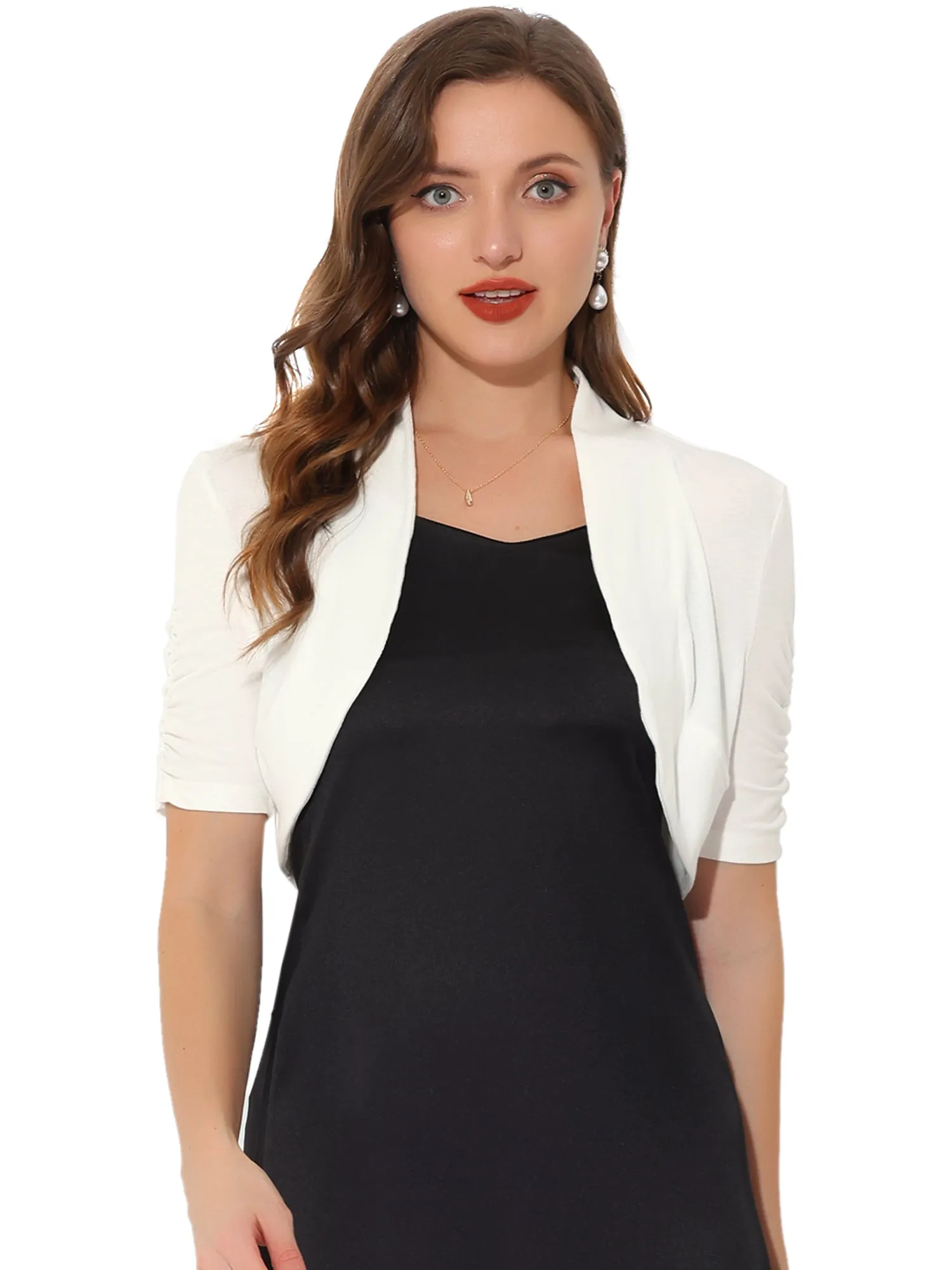 Short Ruched Sleeve Open Front Knit Cropped Bolero Shrugs