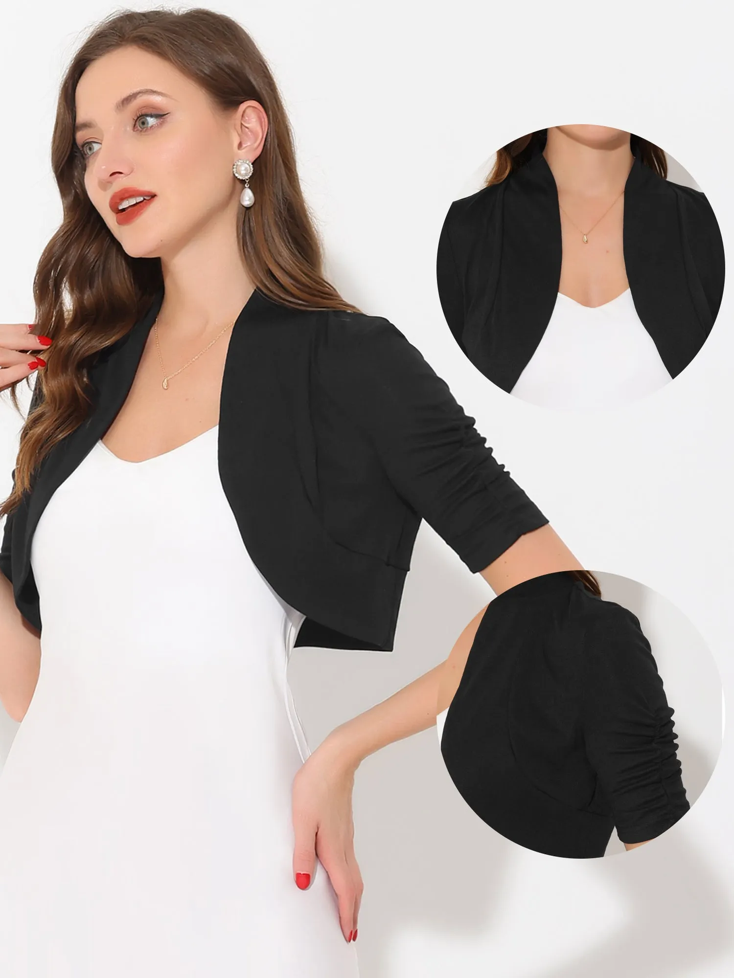 Short Ruched Sleeve Open Front Knit Cropped Bolero Shrugs