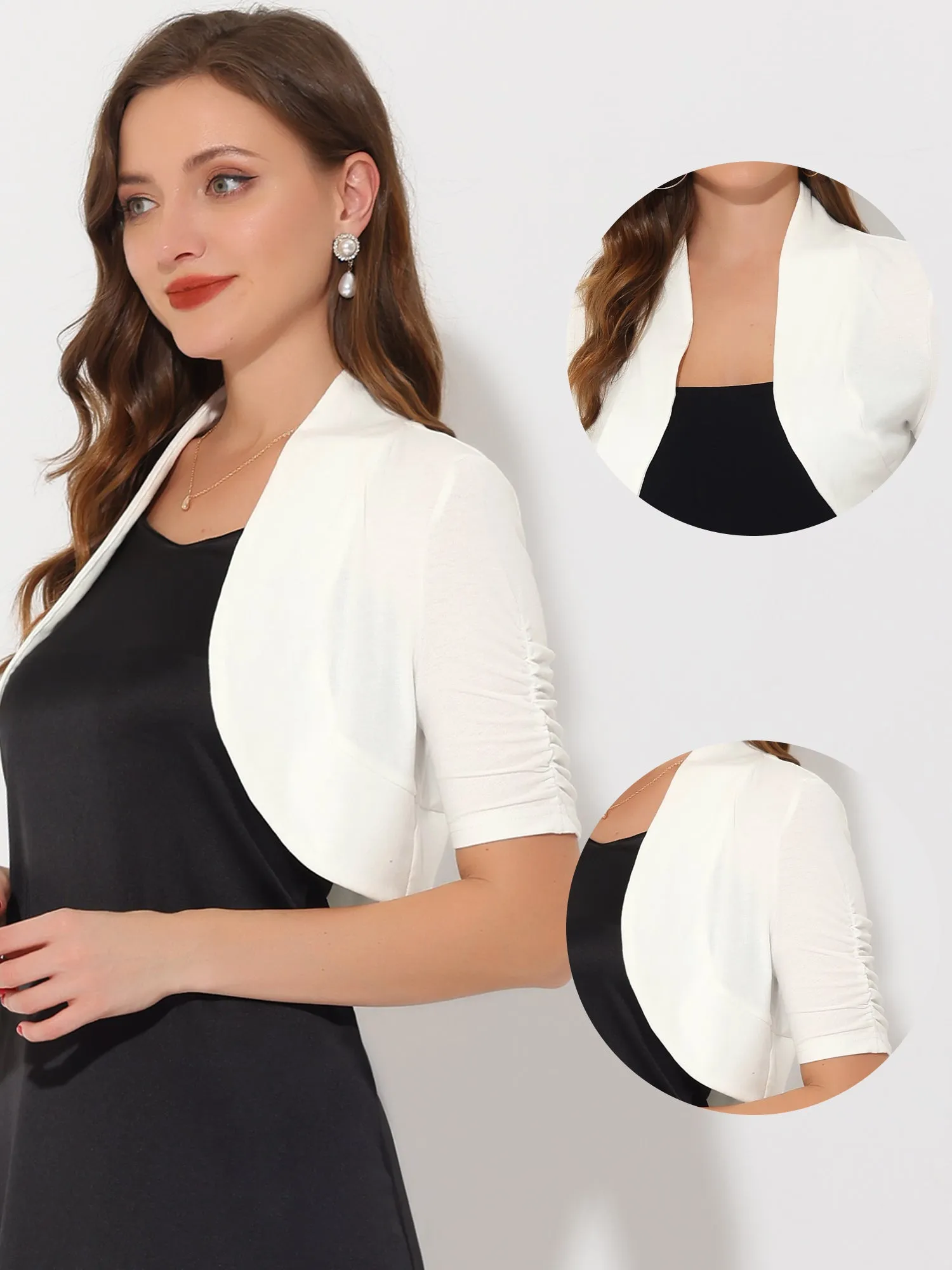 Short Ruched Sleeve Open Front Knit Cropped Bolero Shrugs