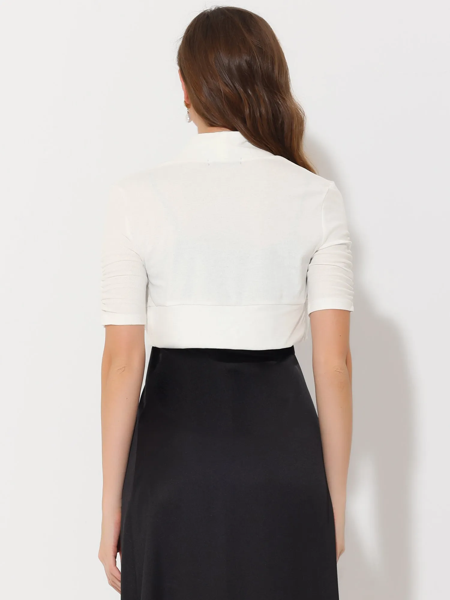 Short Ruched Sleeve Open Front Knit Cropped Bolero Shrugs