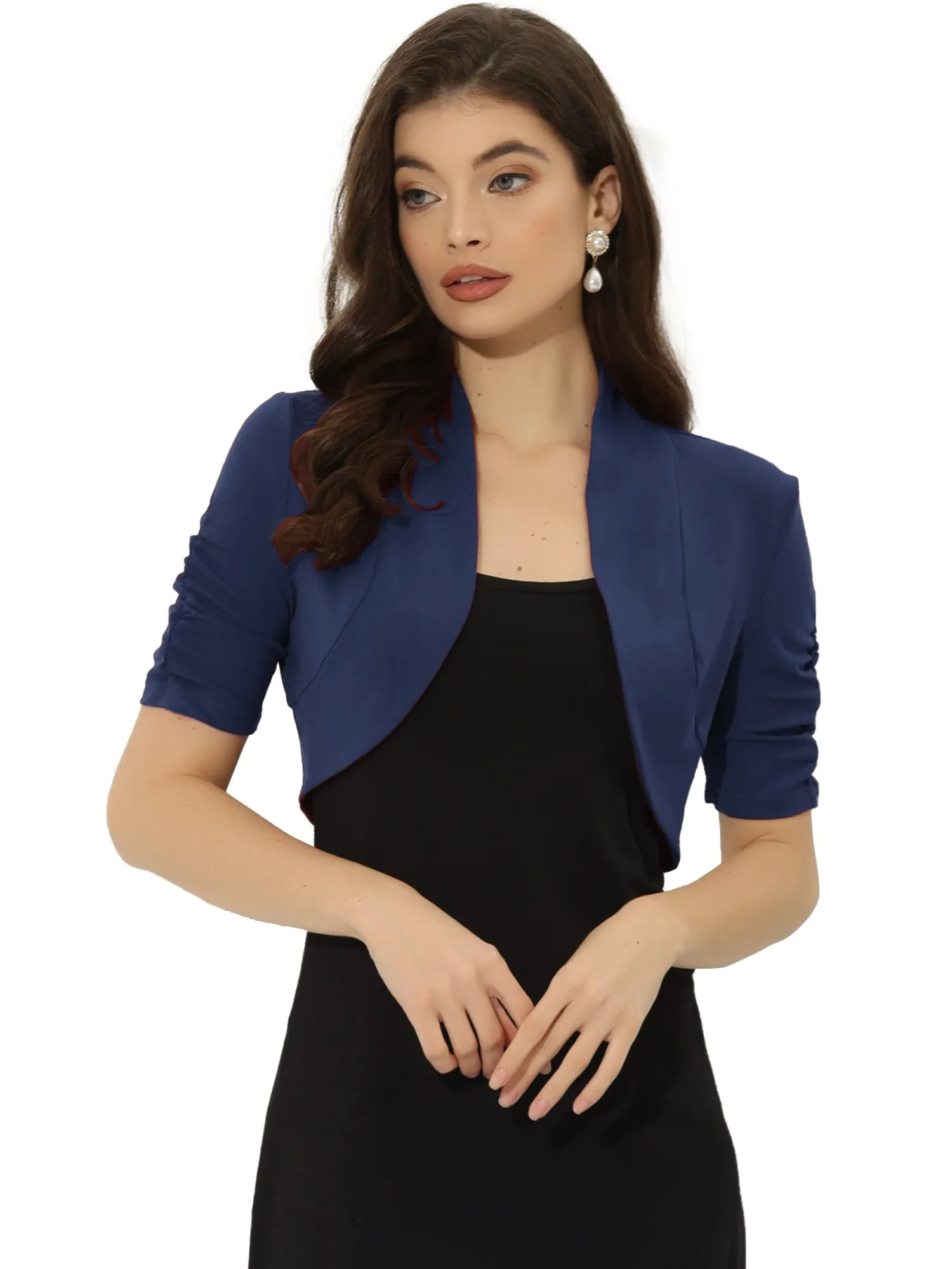Short Ruched Sleeve Open Front Knit Cropped Bolero Shrugs