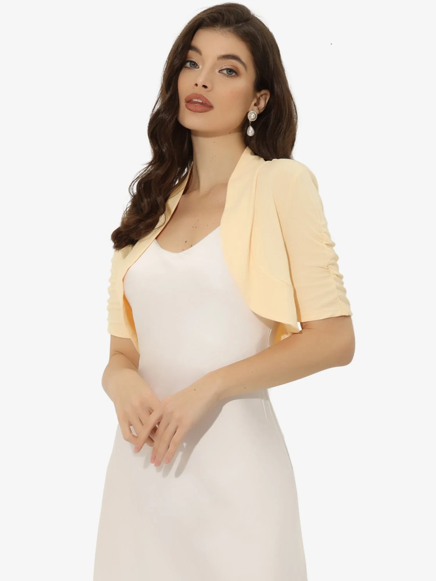 Short Ruched Sleeve Open Front Knit Cropped Bolero Shrugs