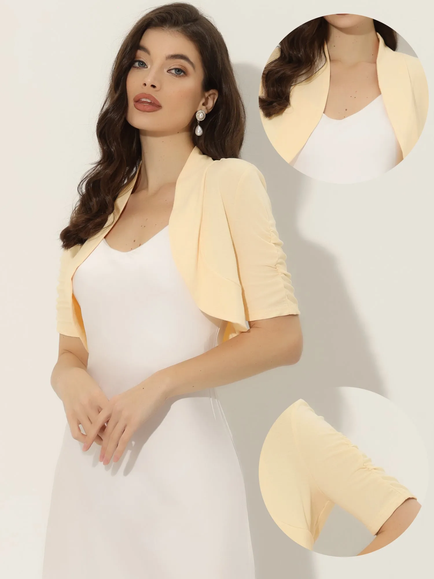 Short Ruched Sleeve Open Front Knit Cropped Bolero Shrugs