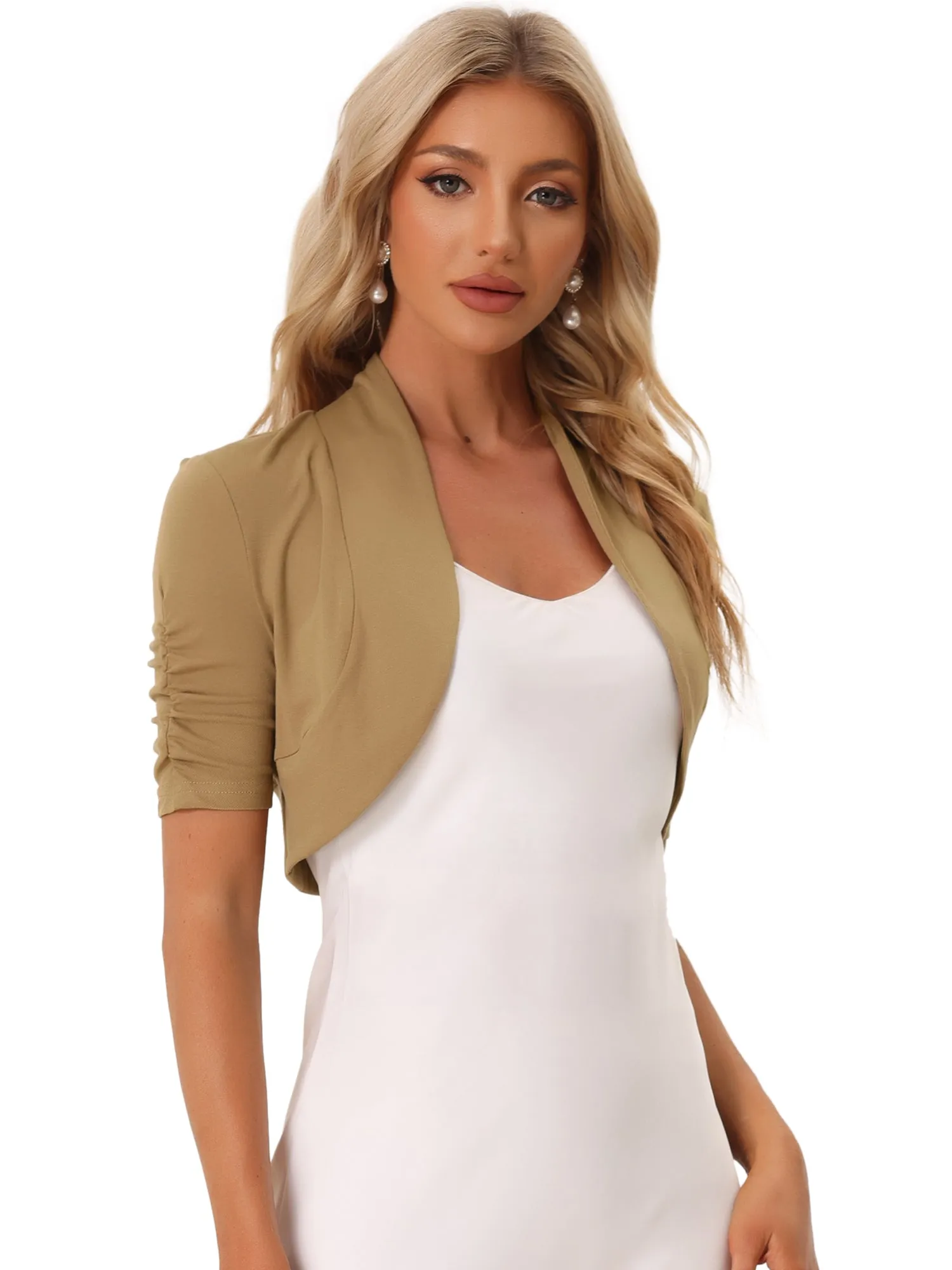 Short Ruched Sleeve Open Front Knit Cropped Bolero Shrugs