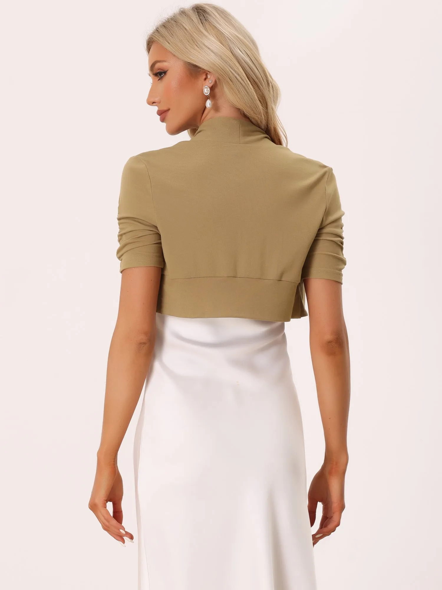 Short Ruched Sleeve Open Front Knit Cropped Bolero Shrugs