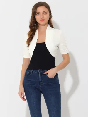 Short Ruched Sleeve Open Front Knit Cropped Bolero Shrugs