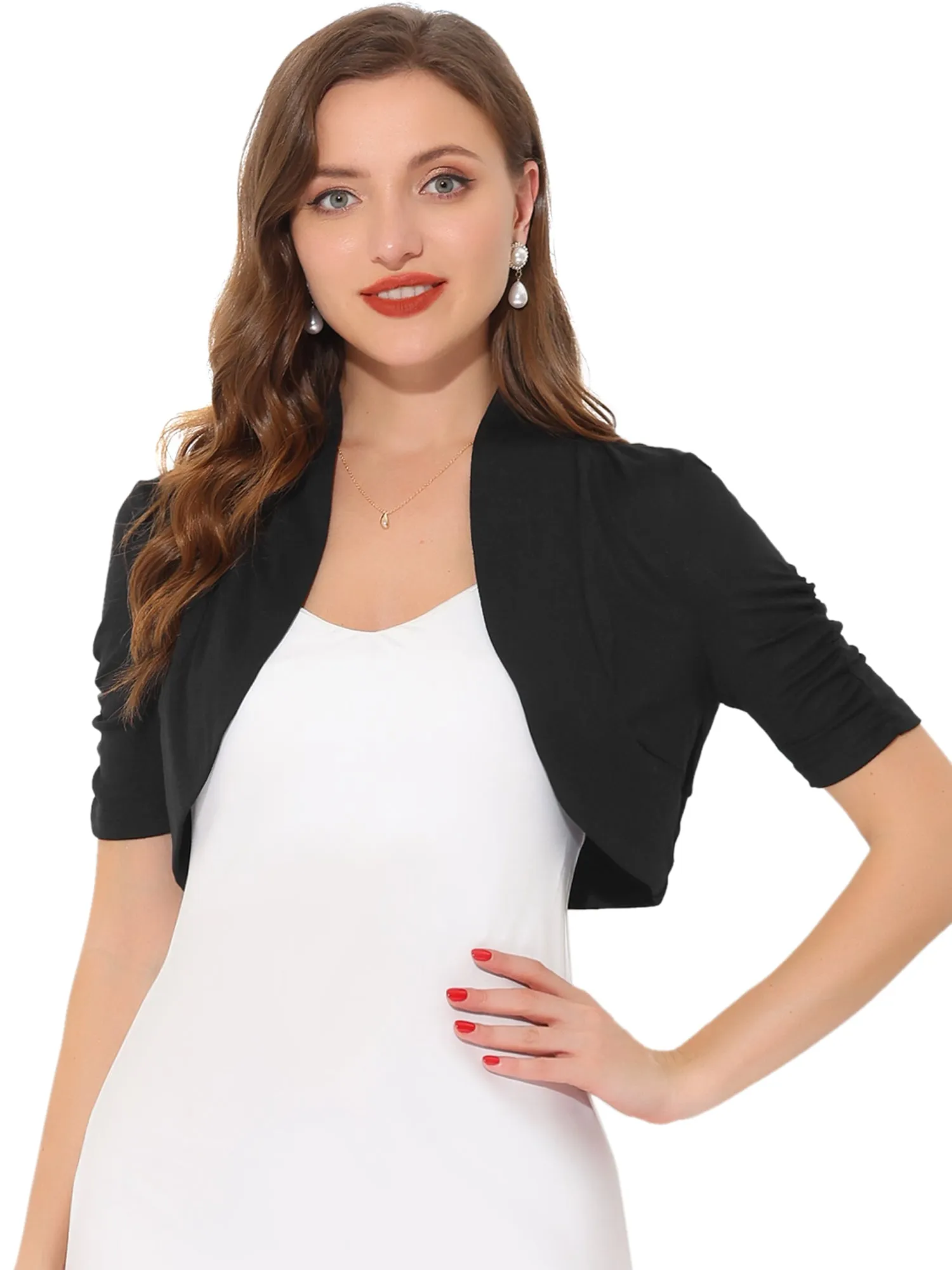 Short Ruched Sleeve Open Front Knit Cropped Bolero Shrugs