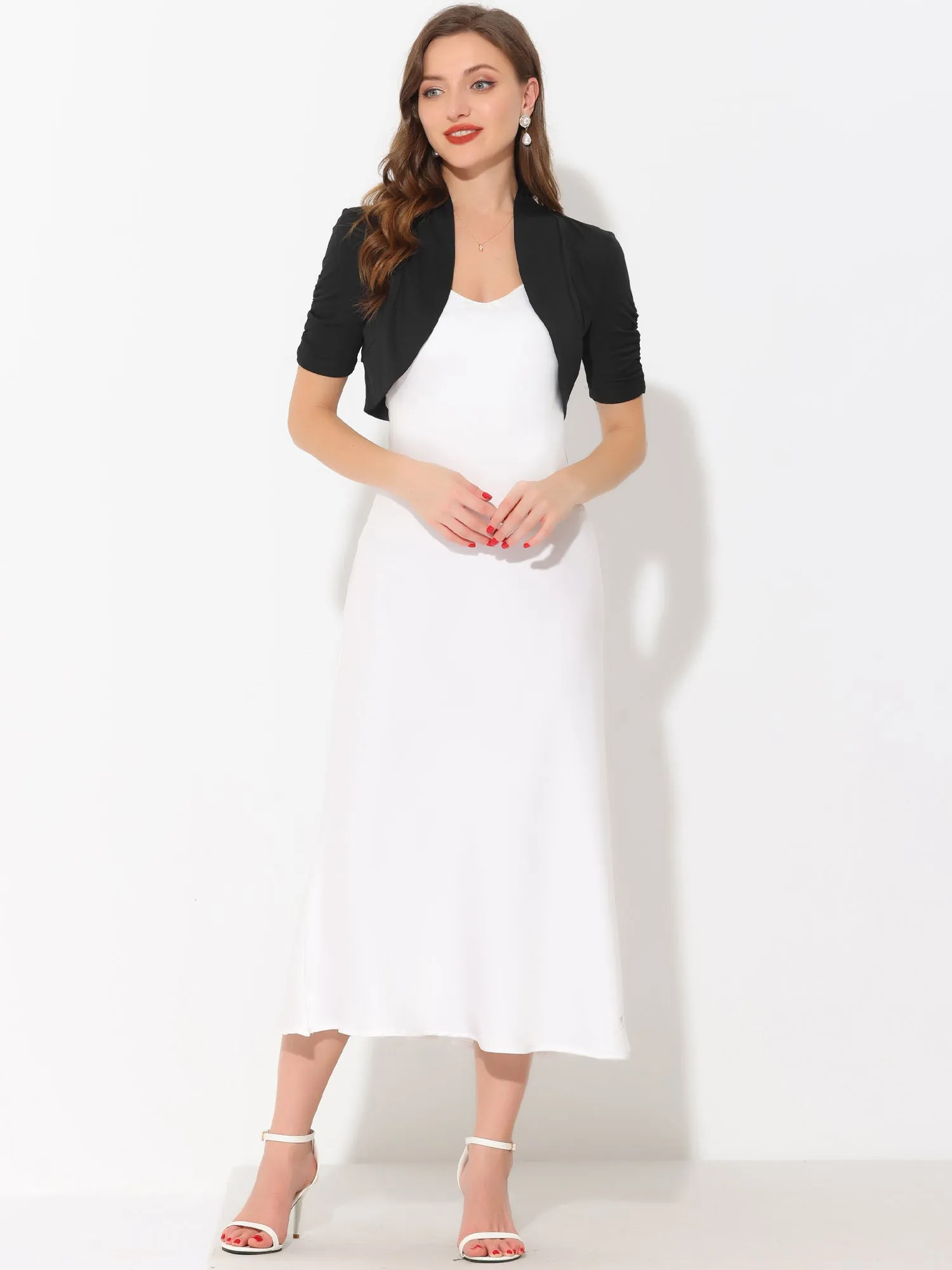 Short Ruched Sleeve Open Front Knit Cropped Bolero Shrugs