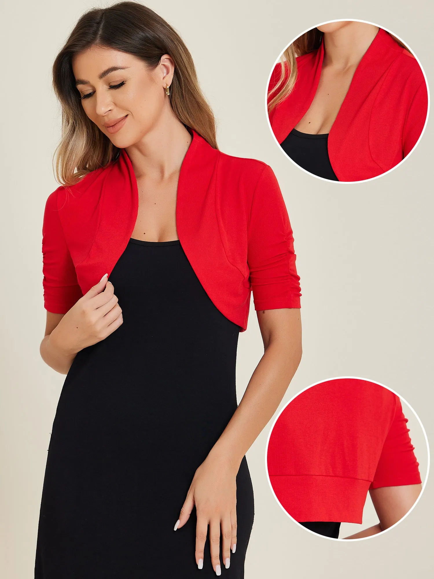Short Ruched Sleeve Open Front Knit Cropped Bolero Shrugs