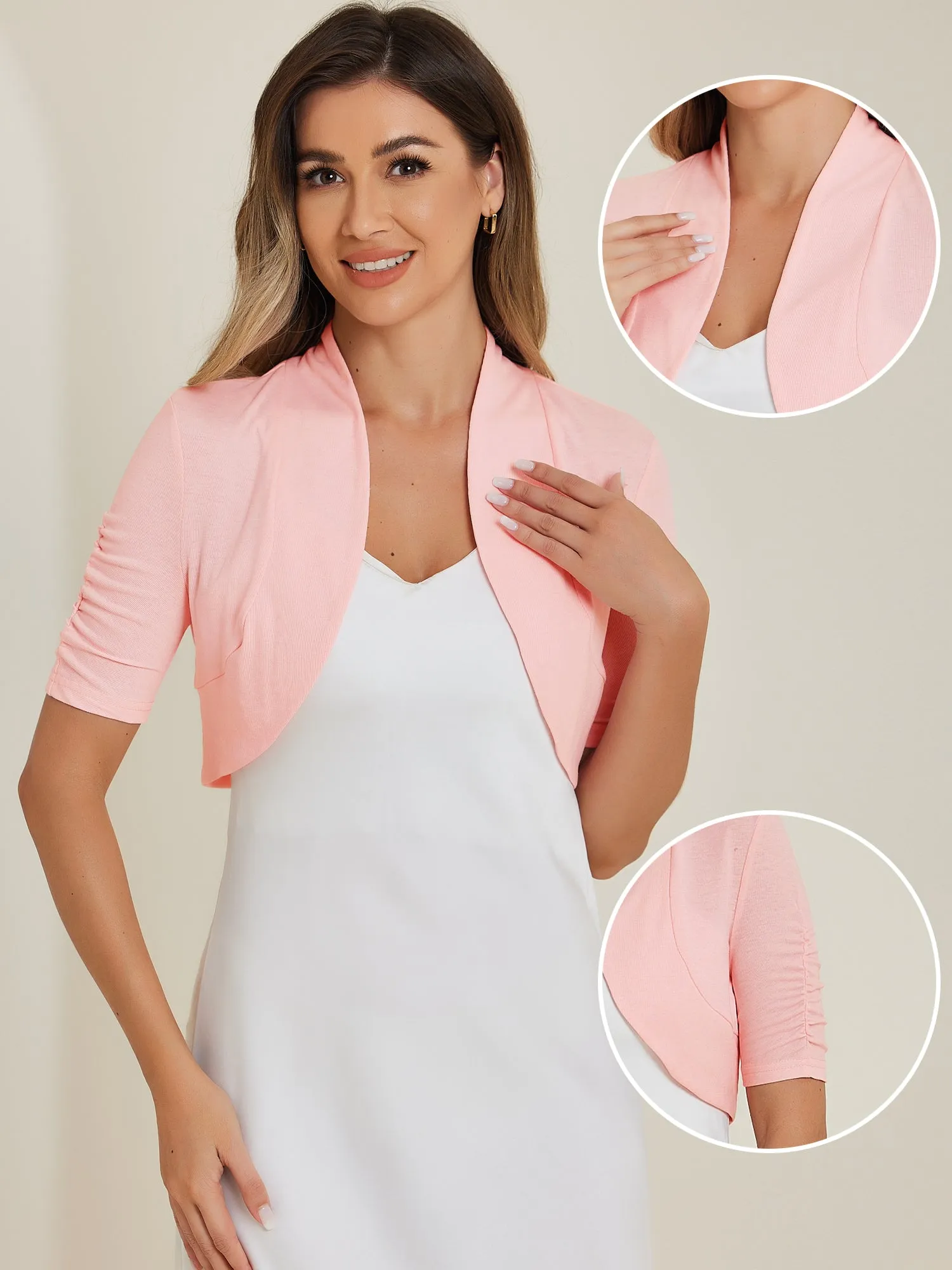 Short Ruched Sleeve Open Front Knit Cropped Bolero Shrugs