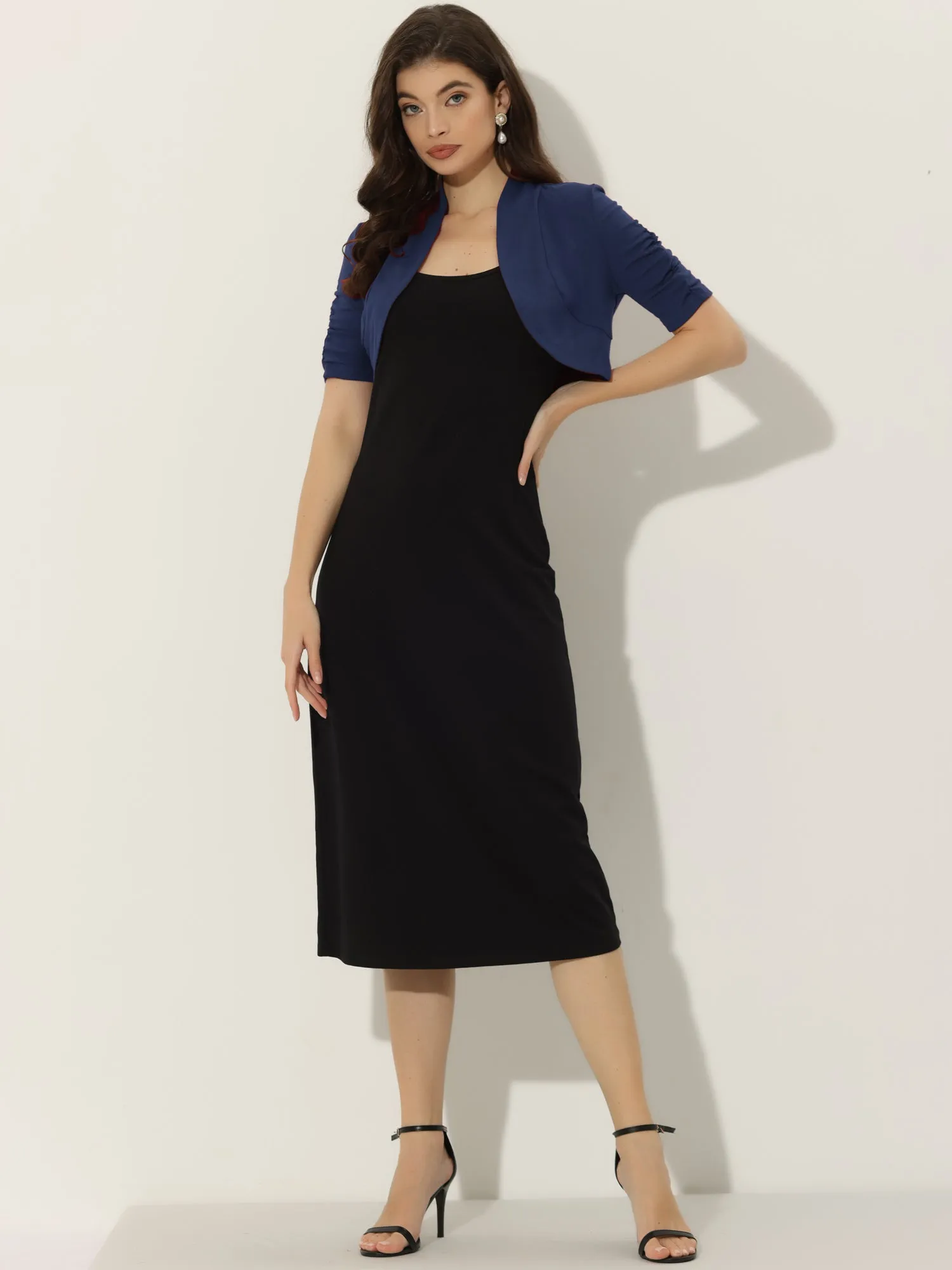 Short Ruched Sleeve Open Front Knit Cropped Bolero Shrugs