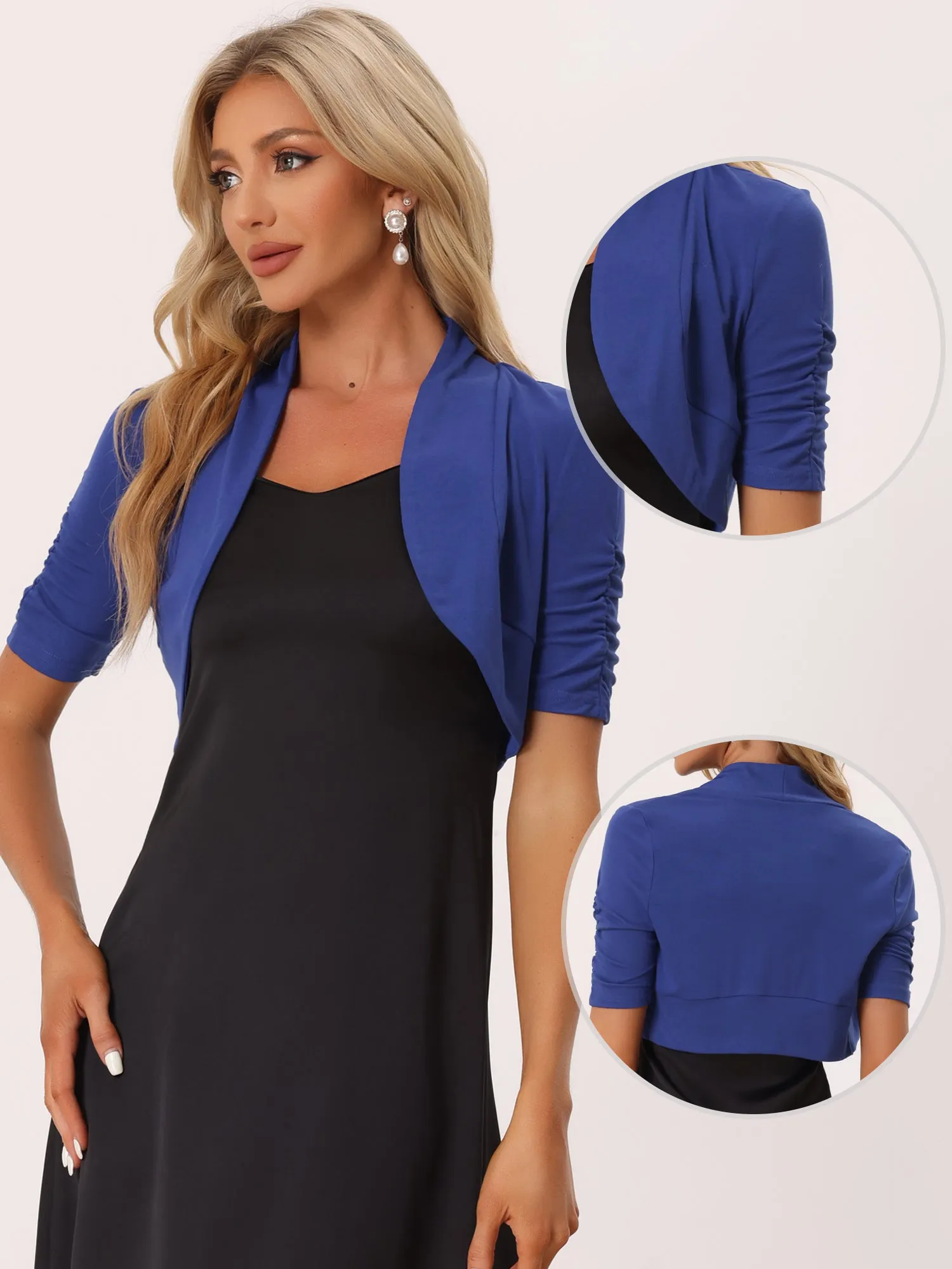 Short Ruched Sleeve Open Front Knit Cropped Bolero Shrugs