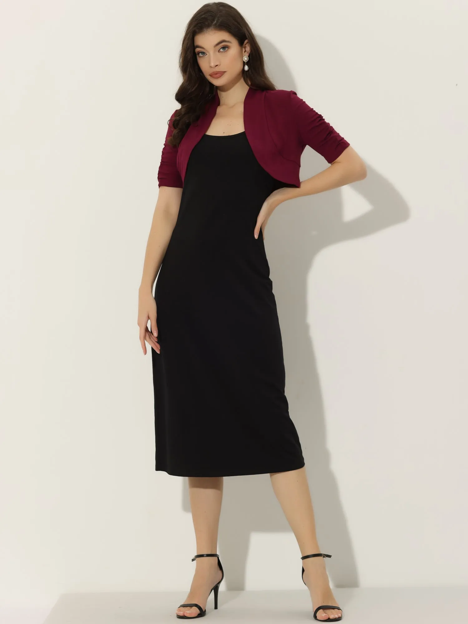 Short Ruched Sleeve Open Front Knit Cropped Bolero Shrugs