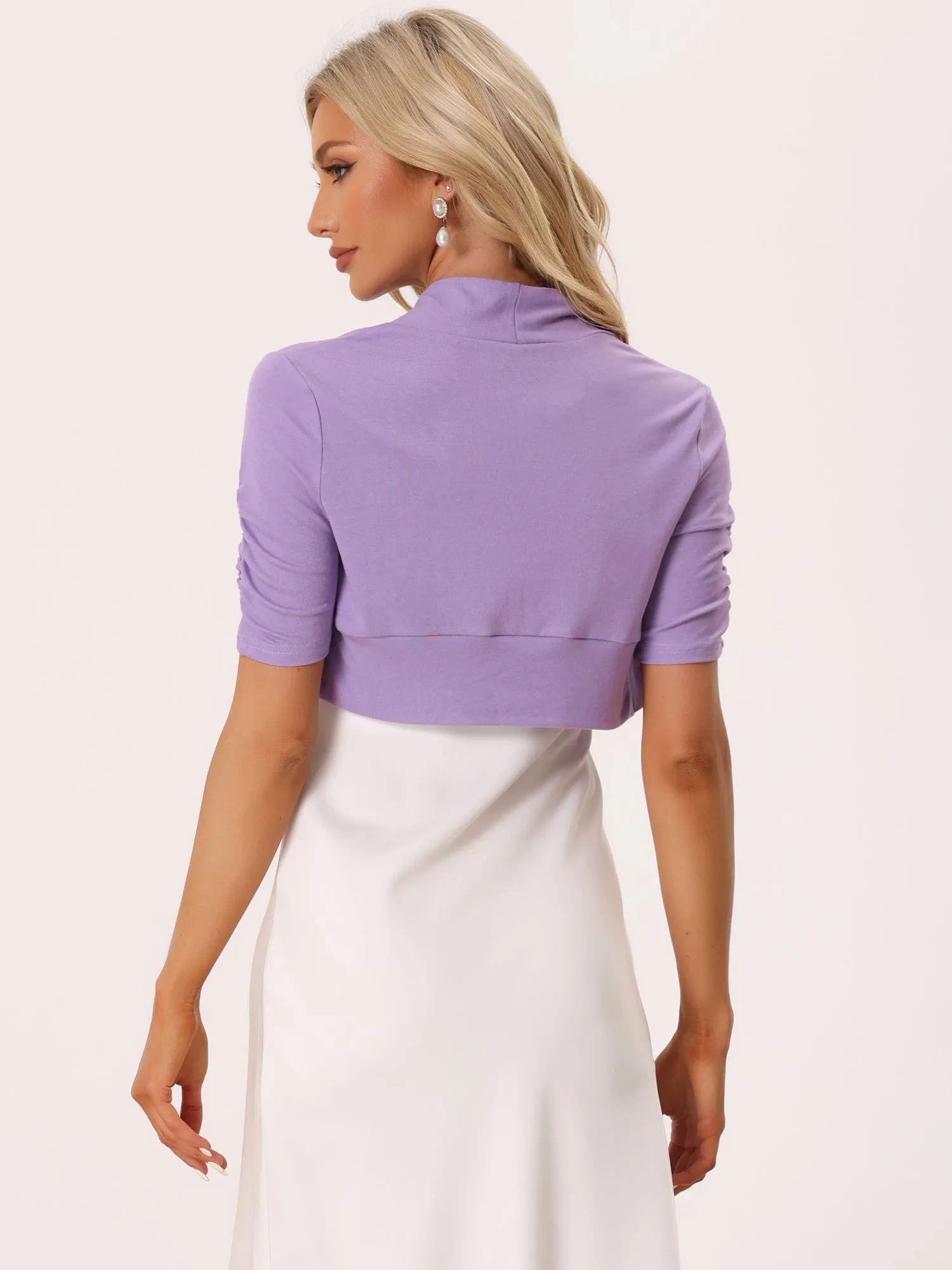 Short Ruched Sleeve Open Front Knit Cropped Bolero Shrugs