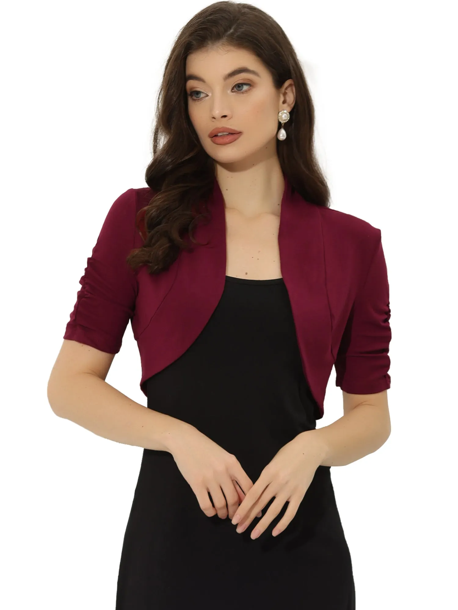 Short Ruched Sleeve Open Front Knit Cropped Bolero Shrugs