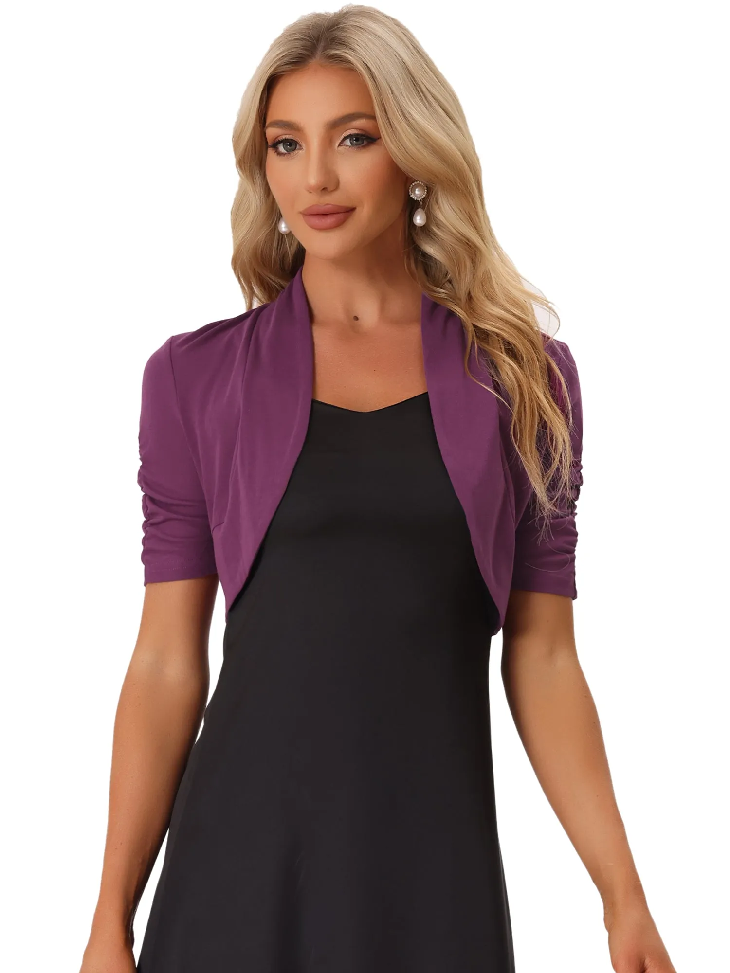 Short Ruched Sleeve Open Front Knit Cropped Bolero Shrugs