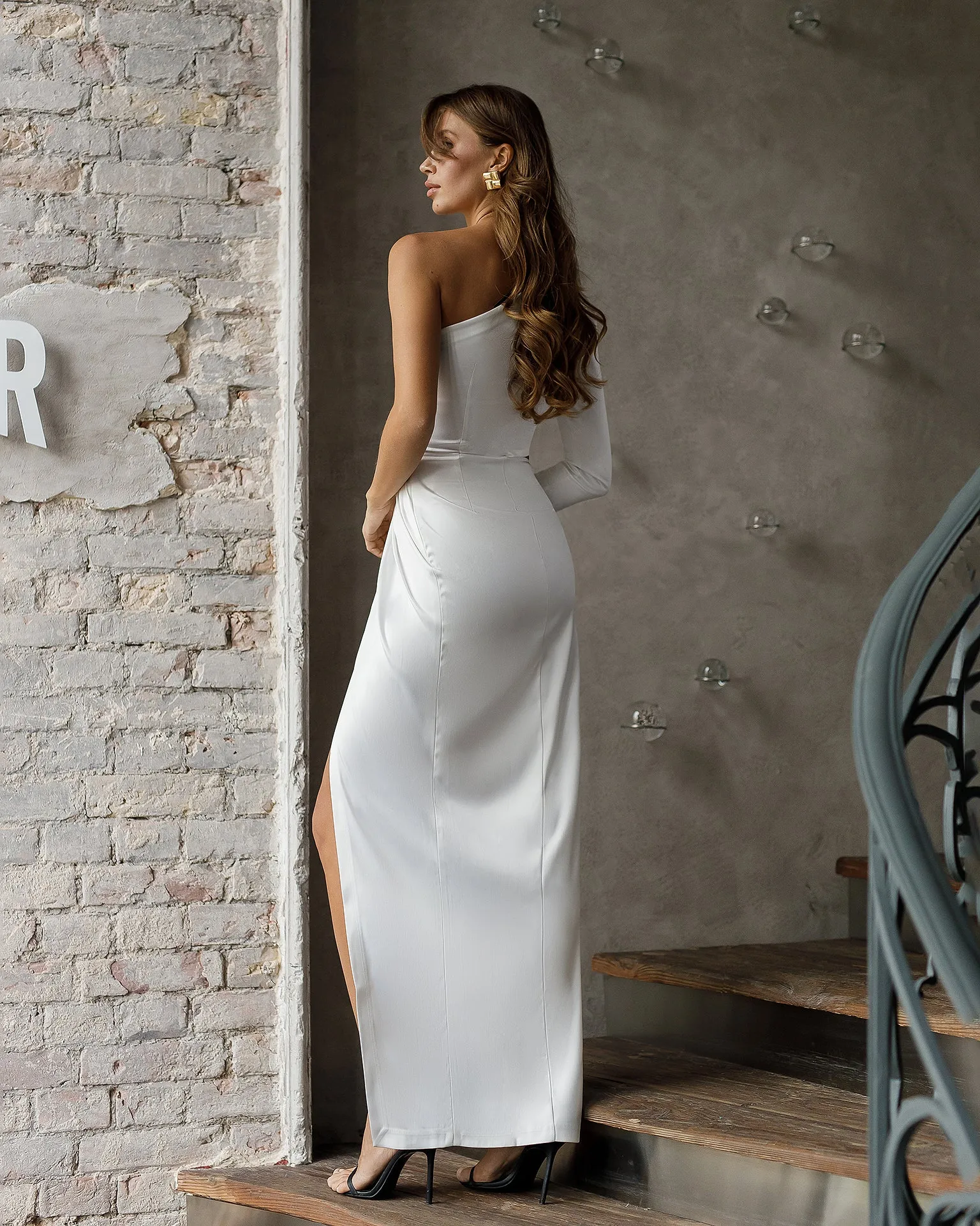 Stella White Satin One-Shoulder Cut-Out Maxi Dress