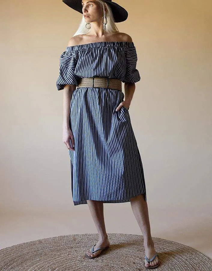 Striped Off-Shoulder Belted Dress