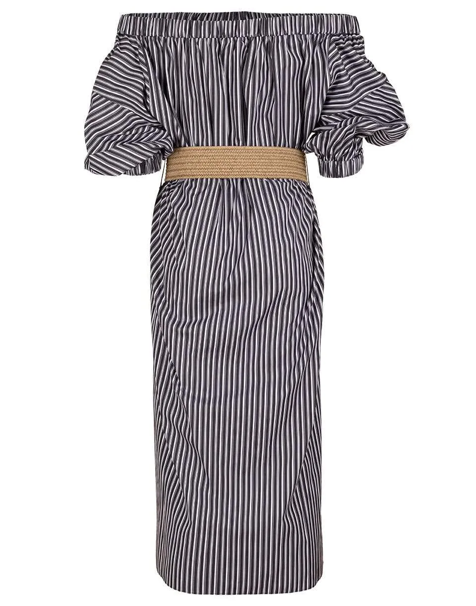 Striped Off-Shoulder Belted Dress