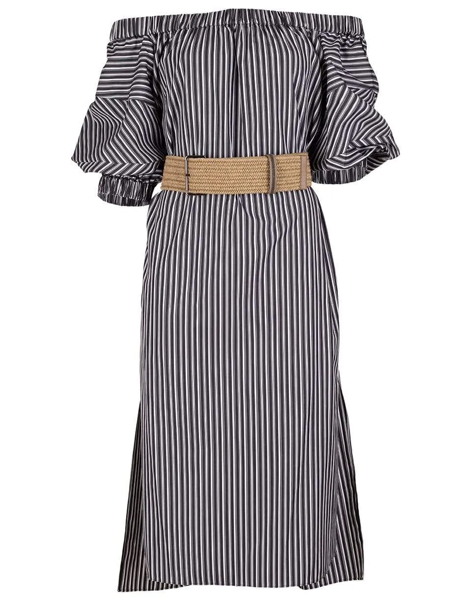 Striped Off-Shoulder Belted Dress
