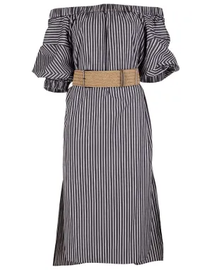 Striped Off-Shoulder Belted Dress