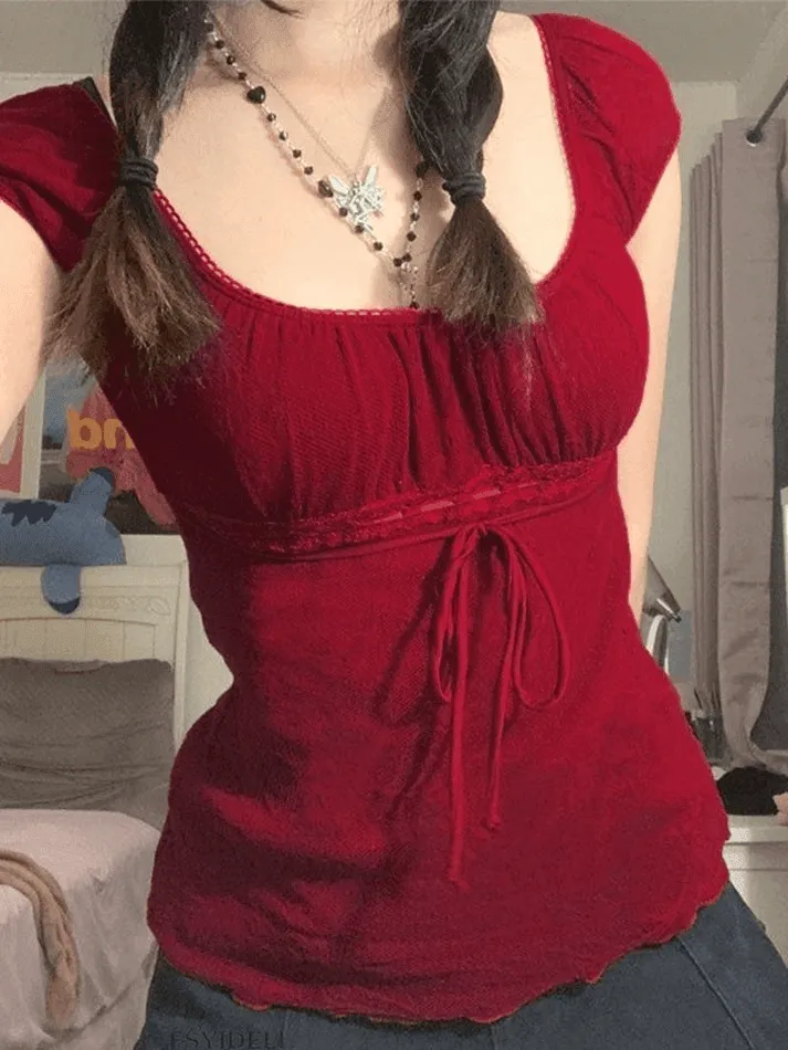 Uniwim ootd Vintage Tie Front Lace Trim Blouse